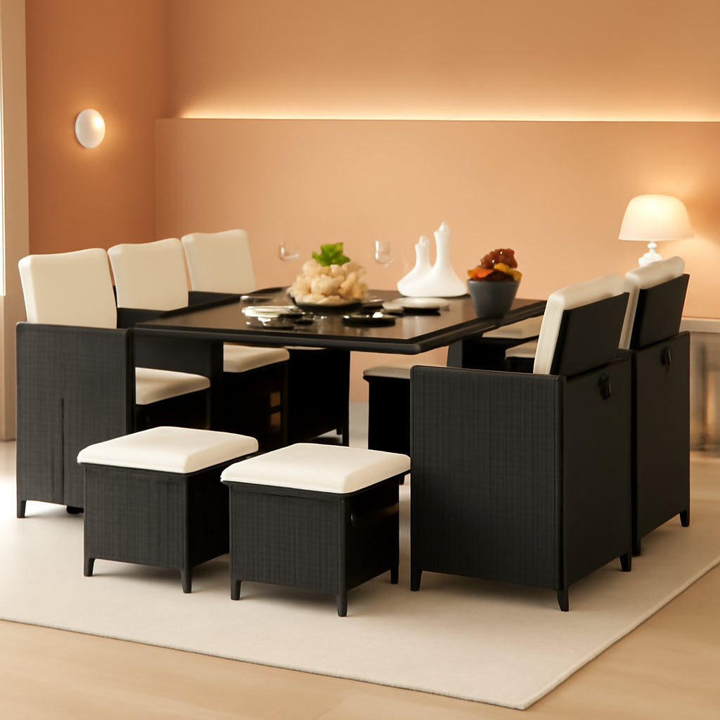11 Piece Patio Dining Set With Space Saving Wicker Chairs And Tempered Glass Table
