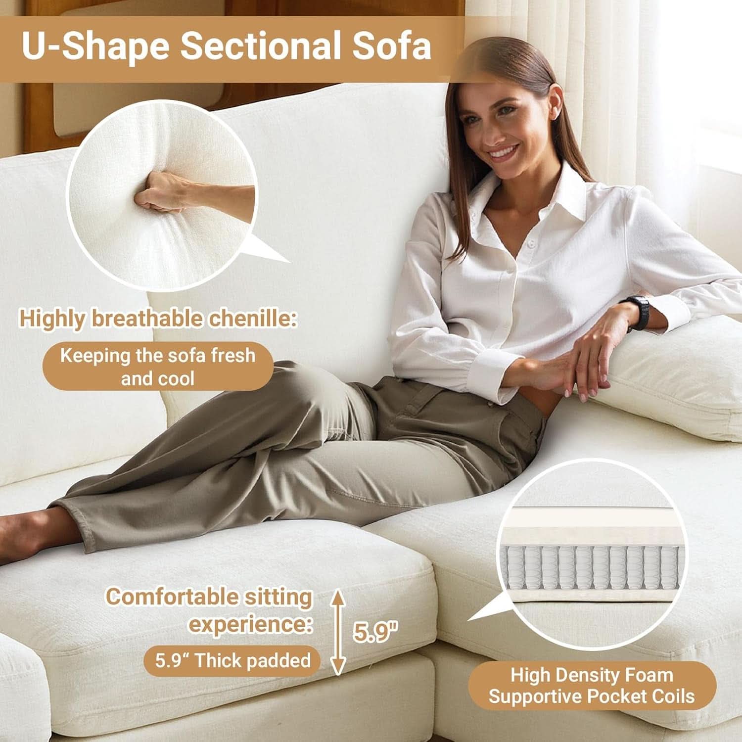 110 Inch Beige U Shaped Sectional Sofa For Living Room With Double Chaise And Comfortable Seating For Gatherings