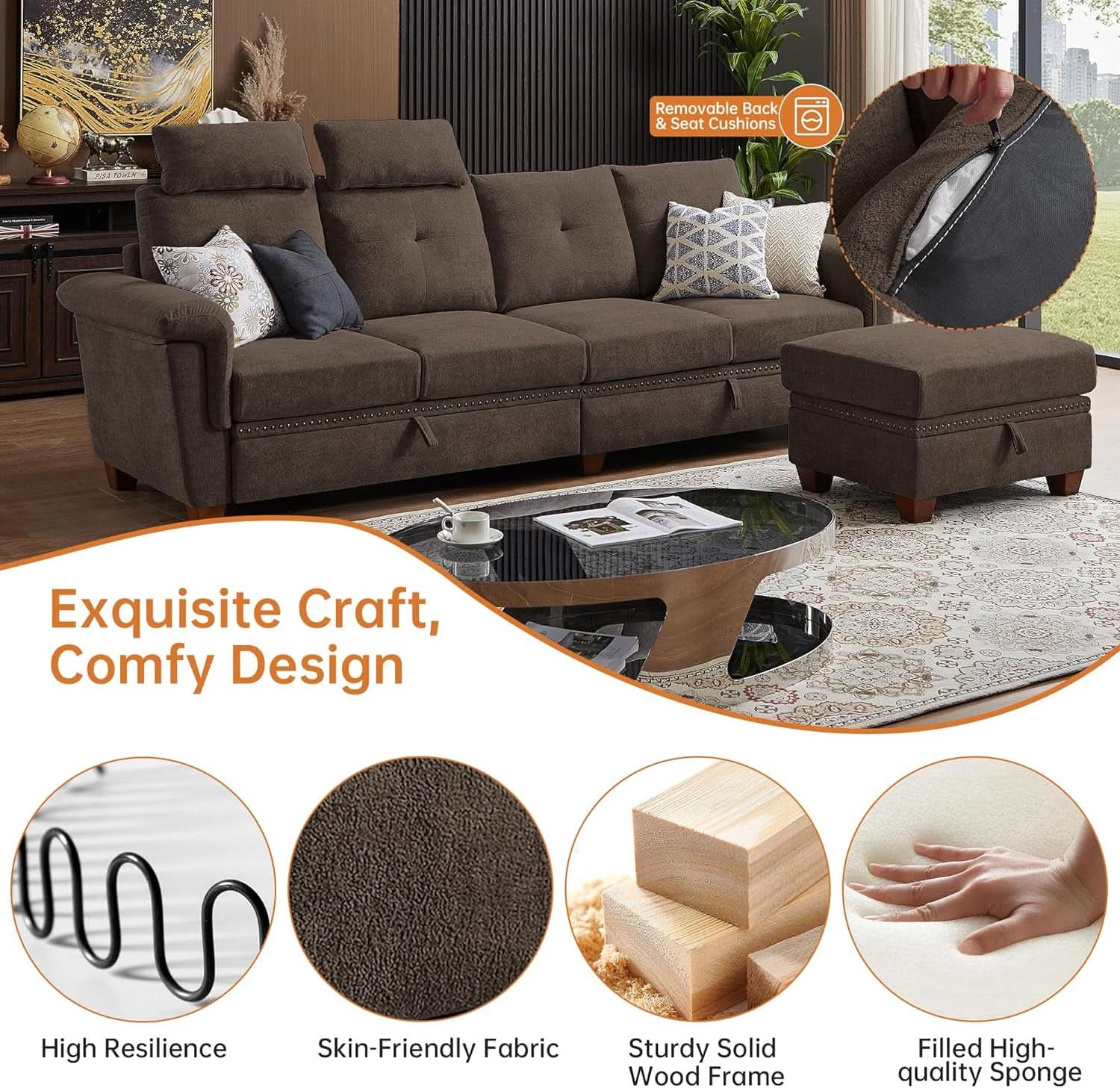 110 Inch Convertible Sectional Sofa With Storage Microfiber L Shaped Couch Ottoman Cup Holders