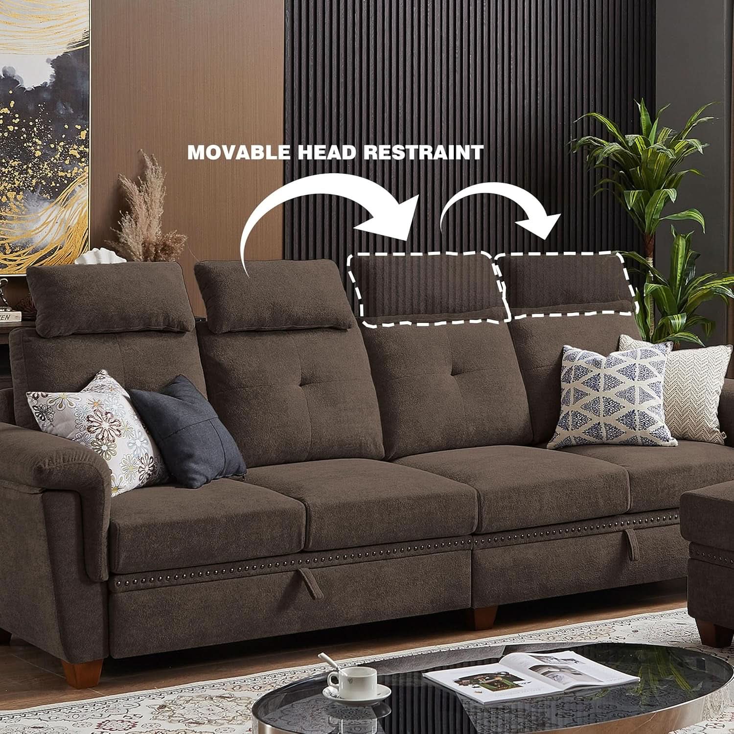 110 Inch Convertible Sectional Sofa With Storage Microfiber L Shaped Couch Ottoman Cup Holders