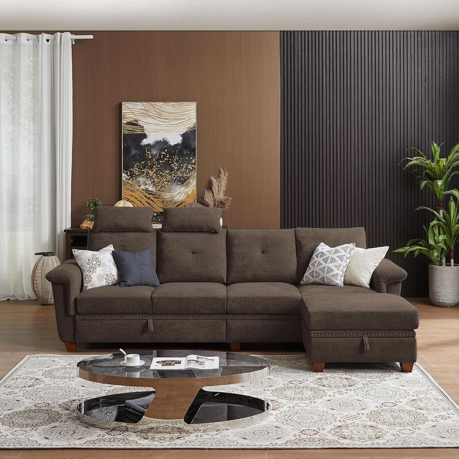 110 Inch Convertible Sectional Sofa With Storage Microfiber L Shaped Couch Ottoman Cup Holders