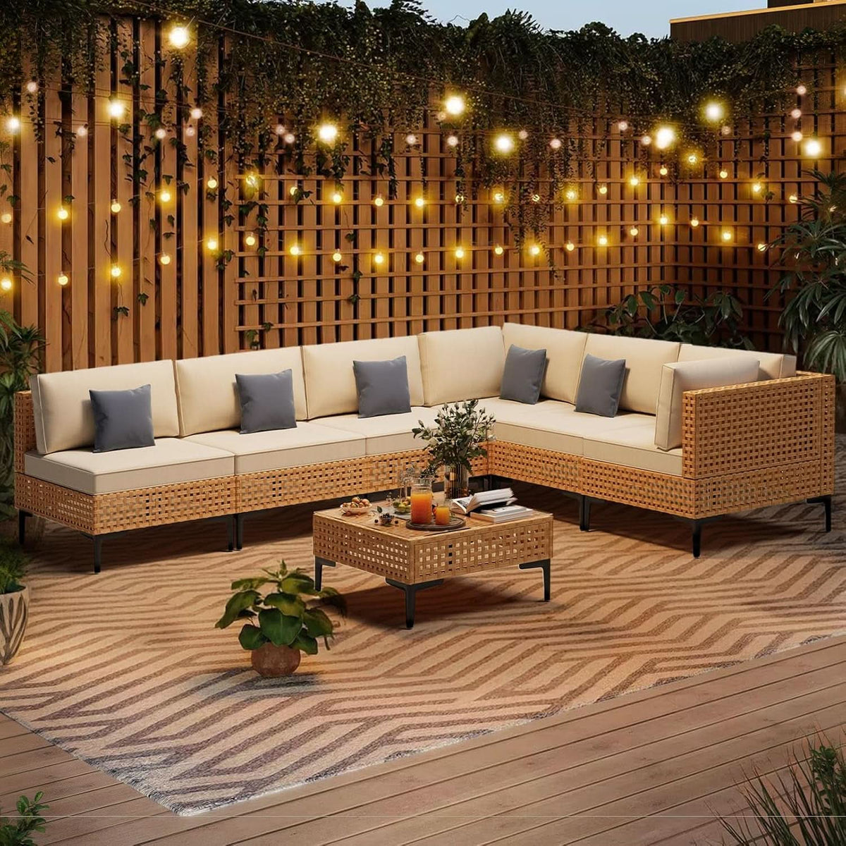 110 Inch Large 7 Piece Wicker Outdoor Patio Set Beige Cushions