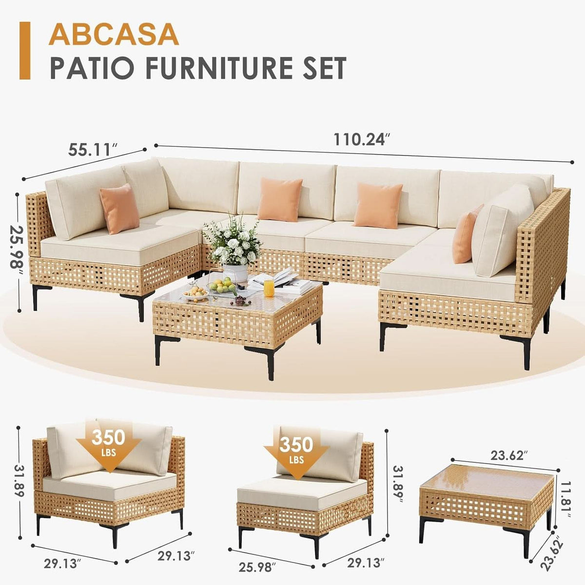 110 Inch Large 7 Piece Wicker Outdoor Patio Set Beige Cushions