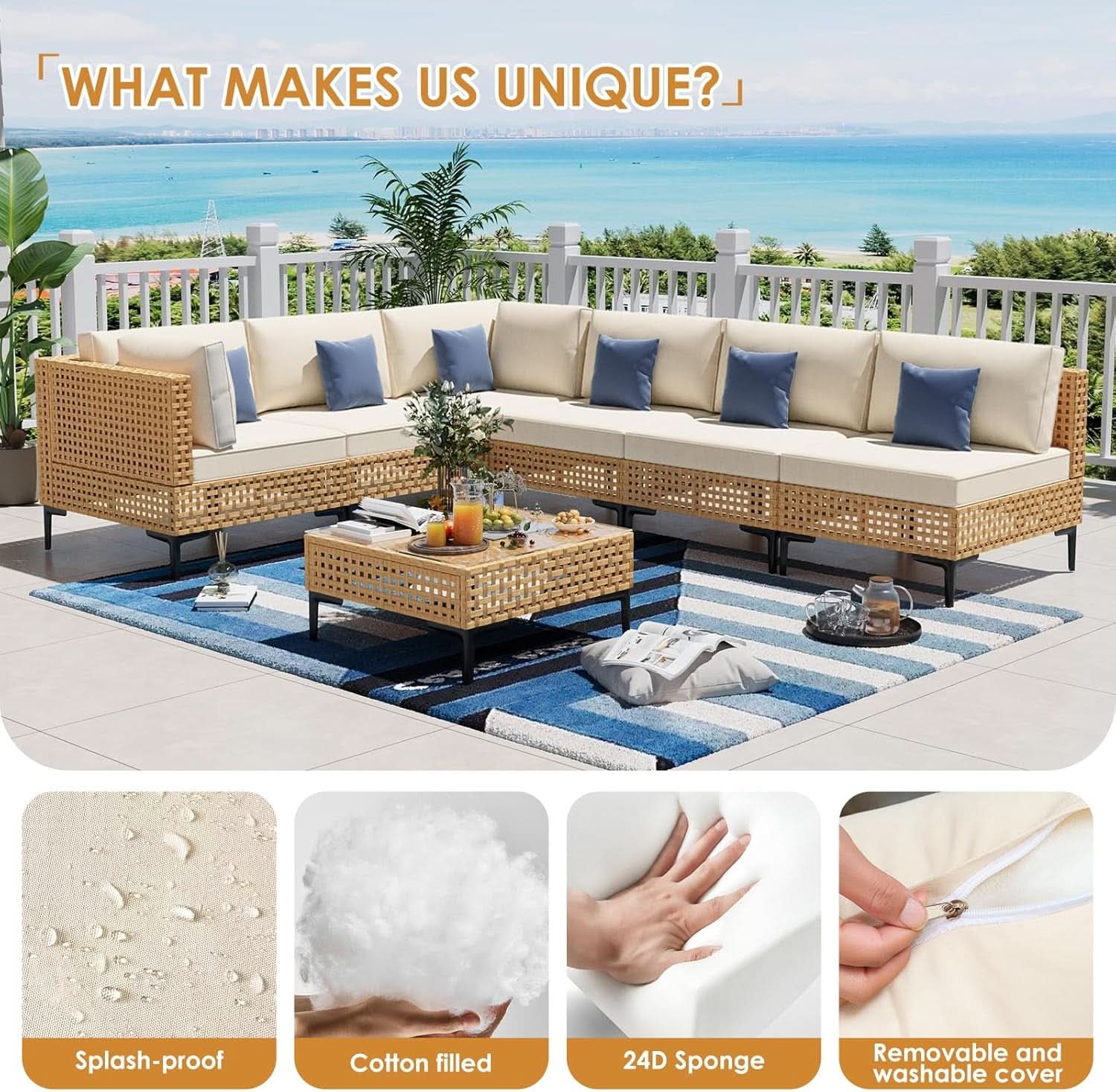 110 Inch Large 7 Piece Wicker Outdoor Patio Set Beige Cushions