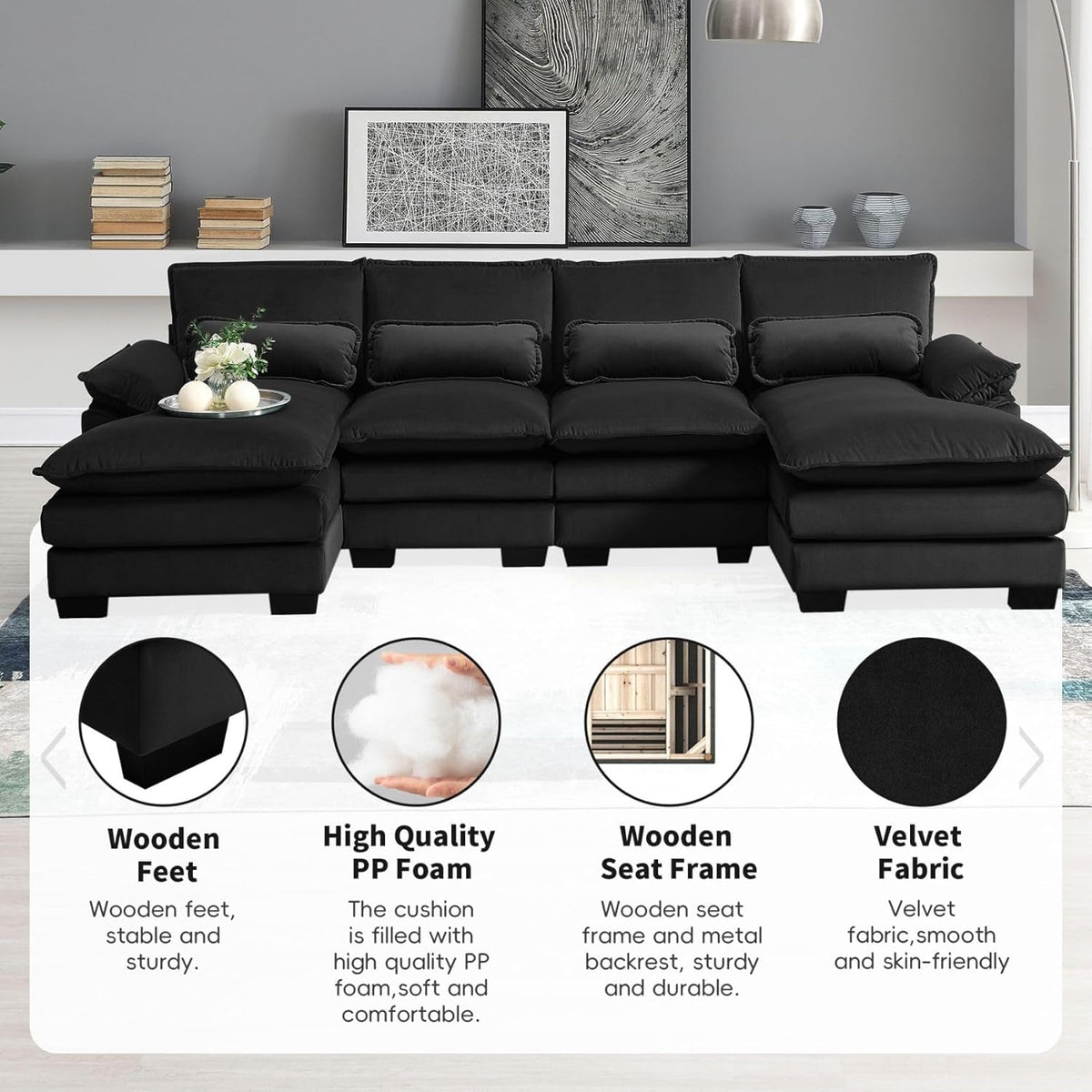110 Inch Modular Sectional Couch Sleeper Sofa Bed With Waist Pillows For Living Room