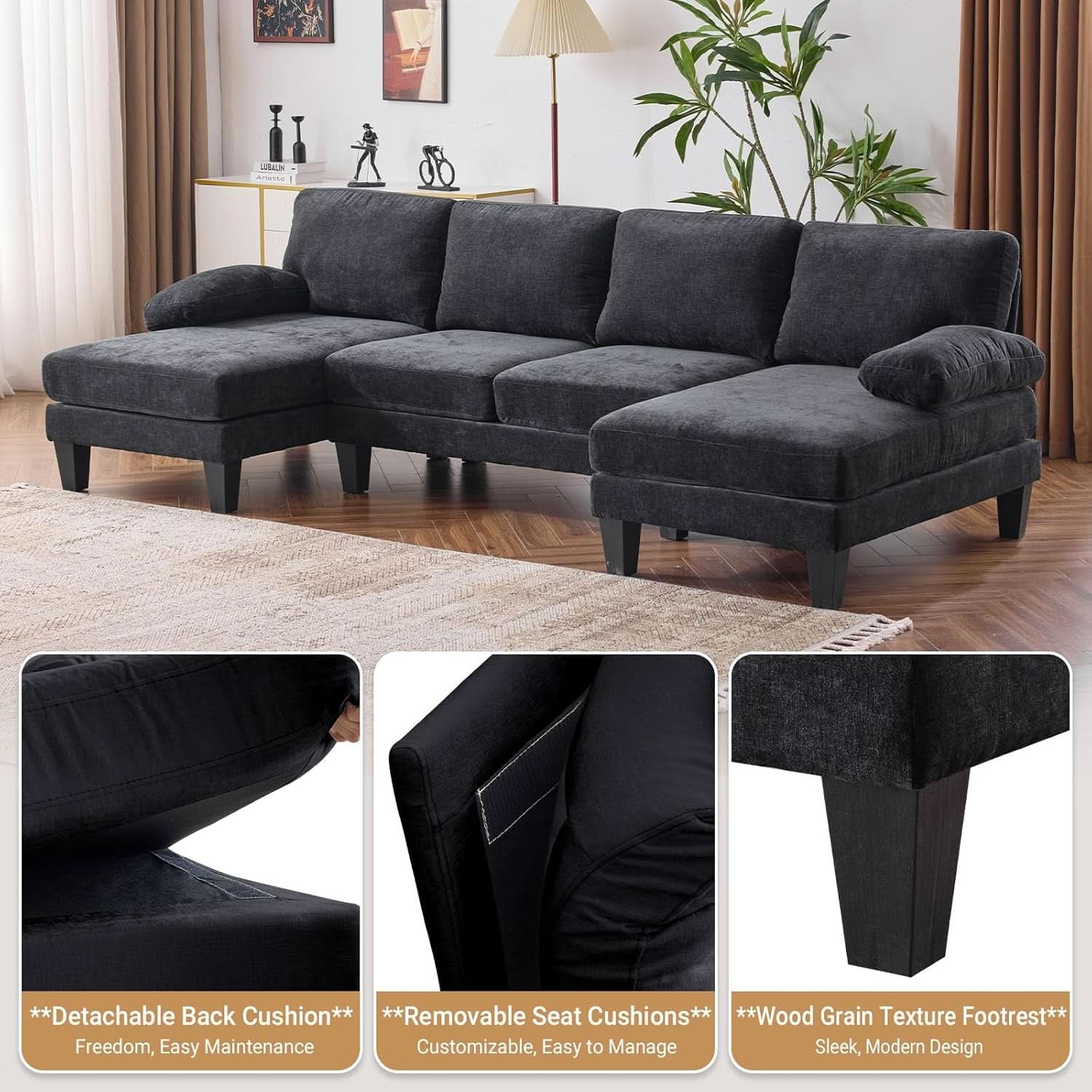110 Inch U Shaped Sectional Couch For Living Room With Double Chaise In Chenille Fabric Black