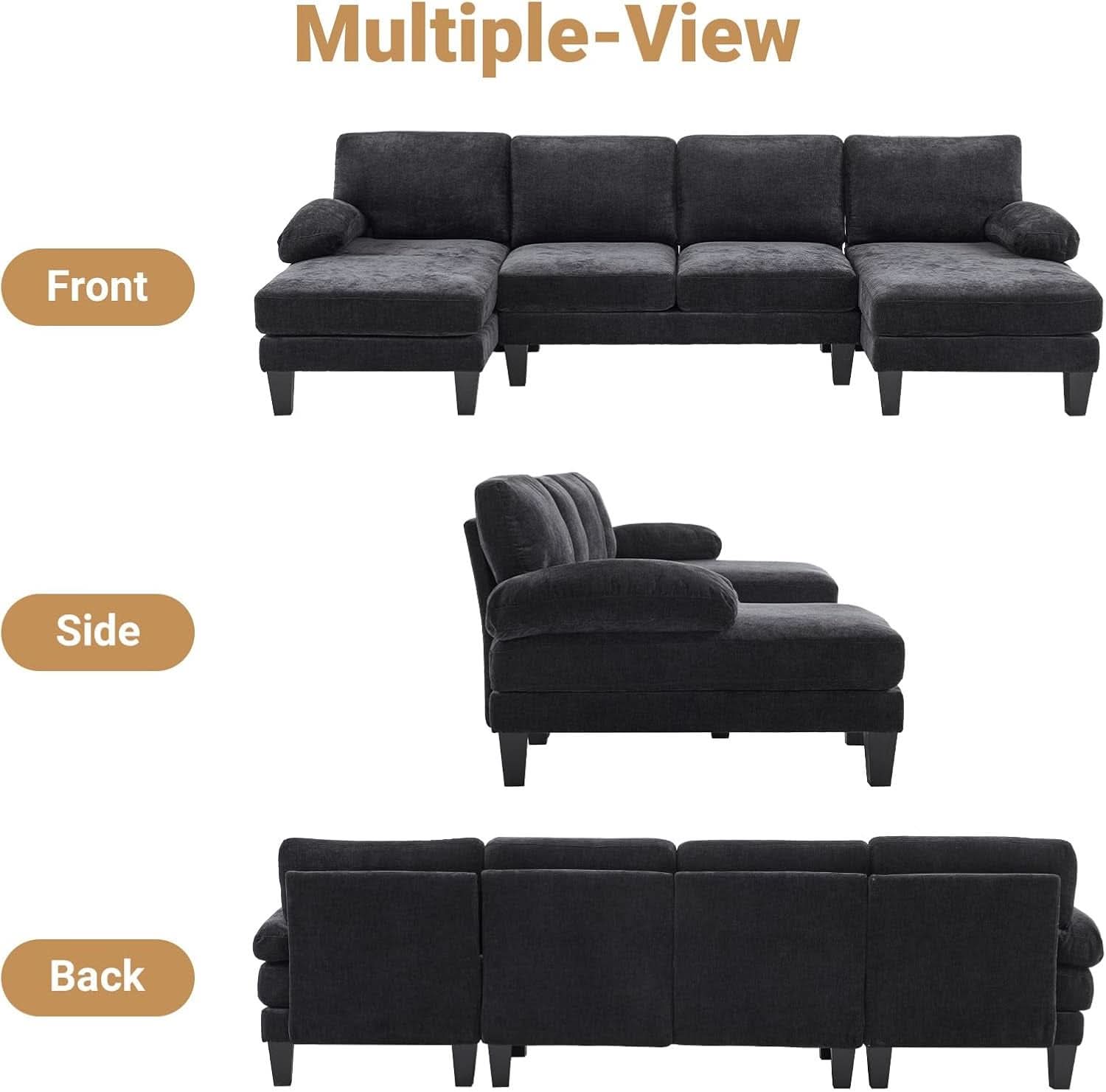110 Inch U Shaped Sectional Couch For Living Room With Double Chaise In Chenille Fabric Black