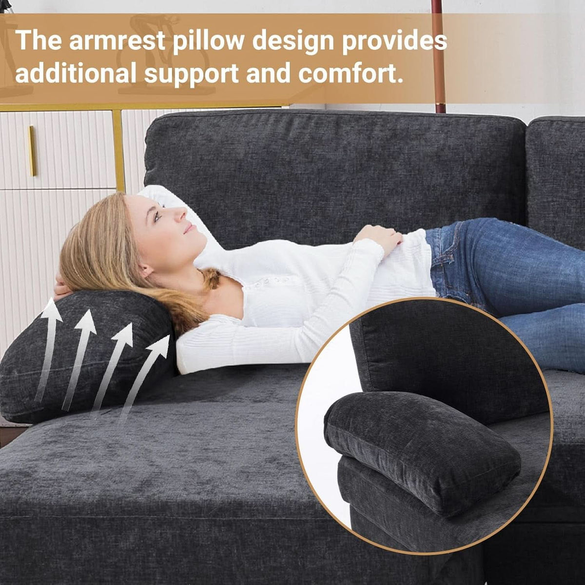 110 Inch U Shaped Sectional Couch For Living Room With Double Chaise In Chenille Fabric Black