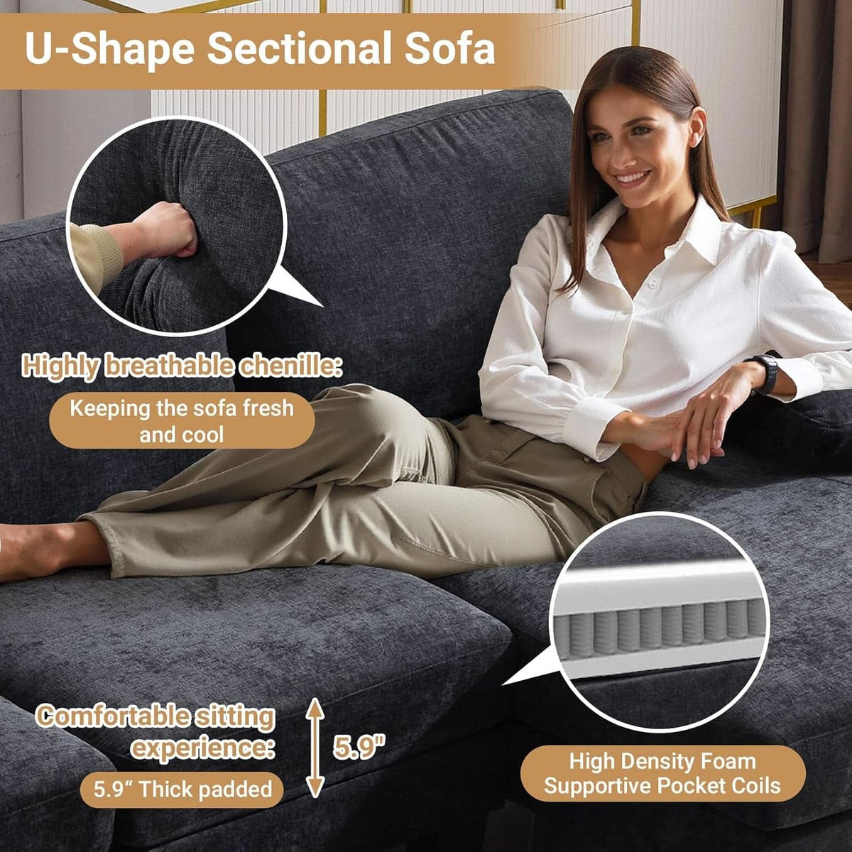 110 Inch U Shaped Sectional Couch For Living Room With Double Chaise In Chenille Fabric Black