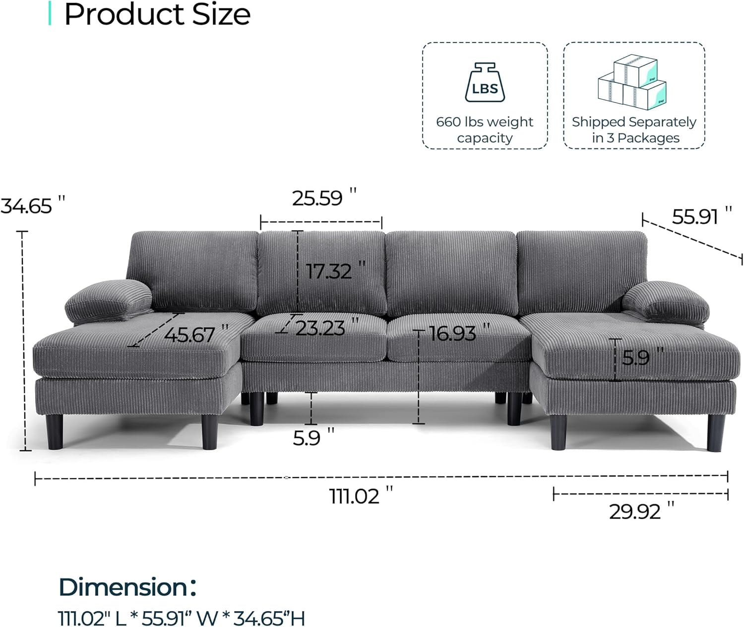 111 Grey U Shaped Sectional Sofa With Sleepable Armrests