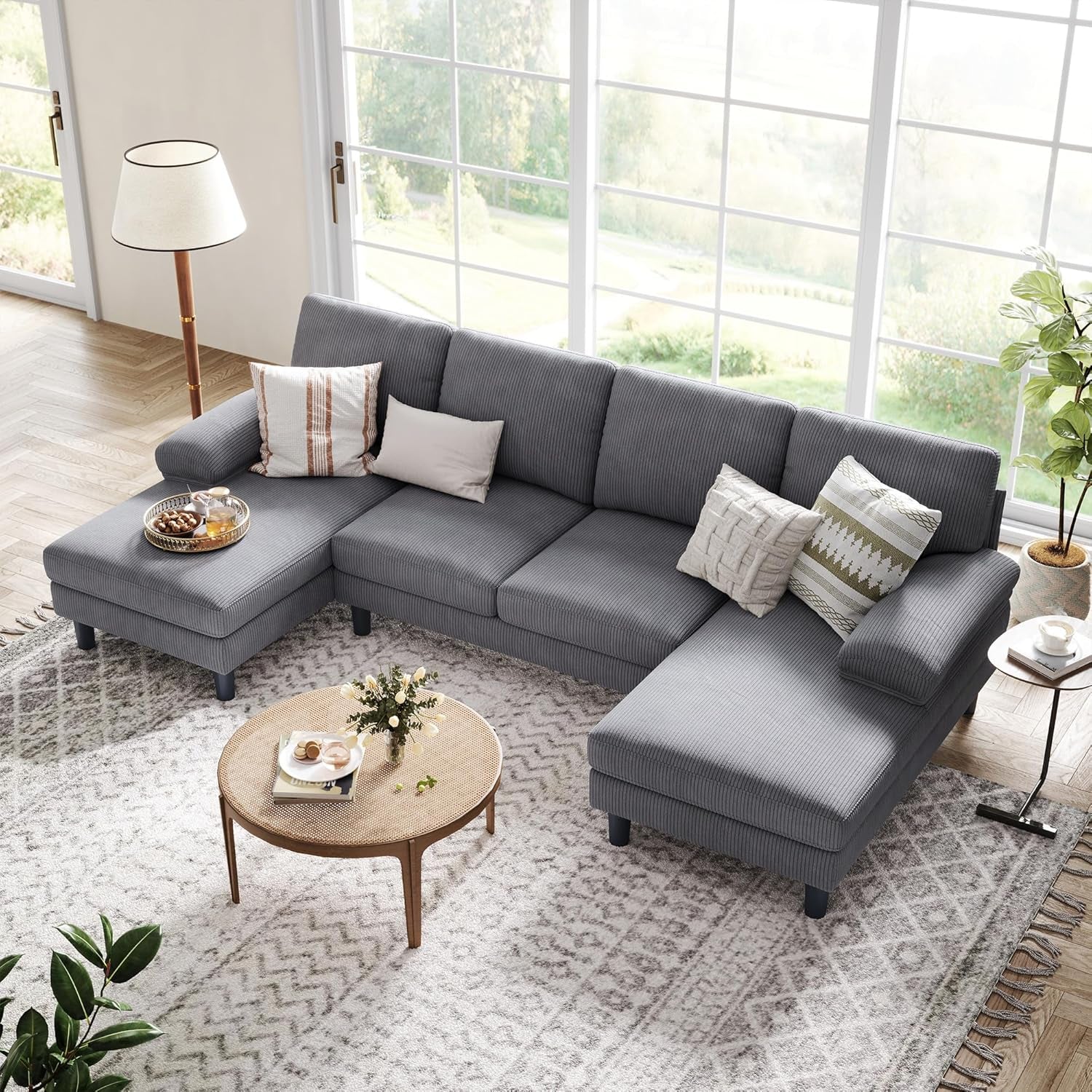 111 Grey U Shaped Sectional Sofa With Sleepable Armrests