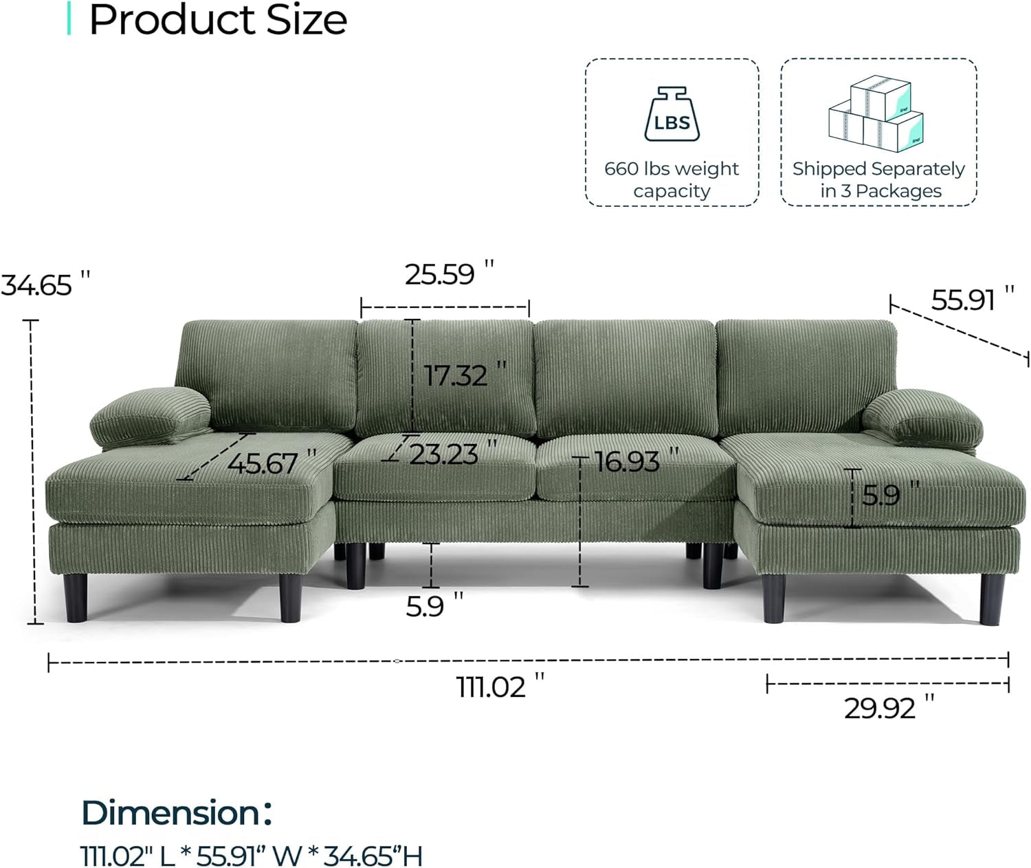 111 Inch Army Green Corduroy U Shaped Sectional Sofa