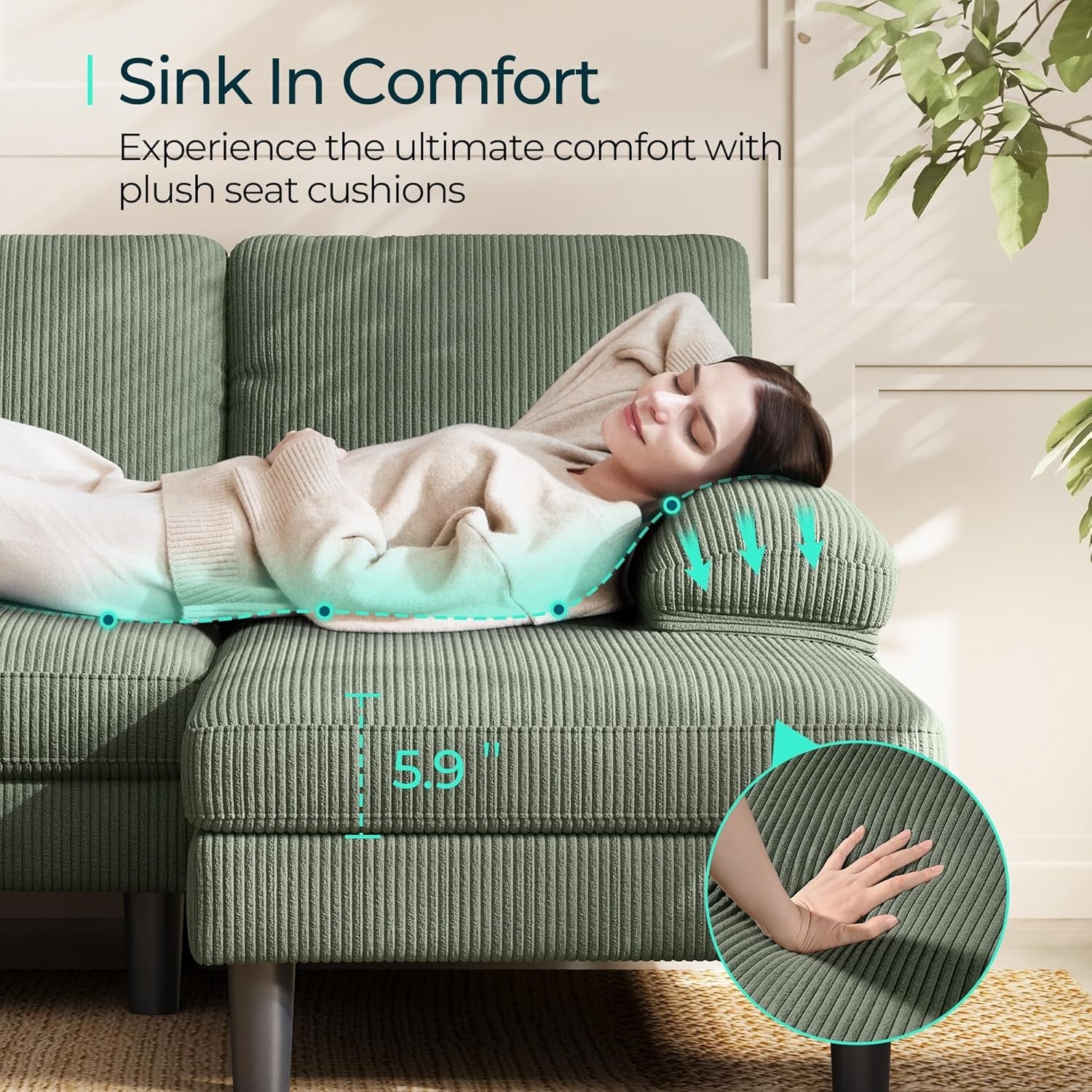 111 Inch Army Green Corduroy U Shaped Sectional Sofa