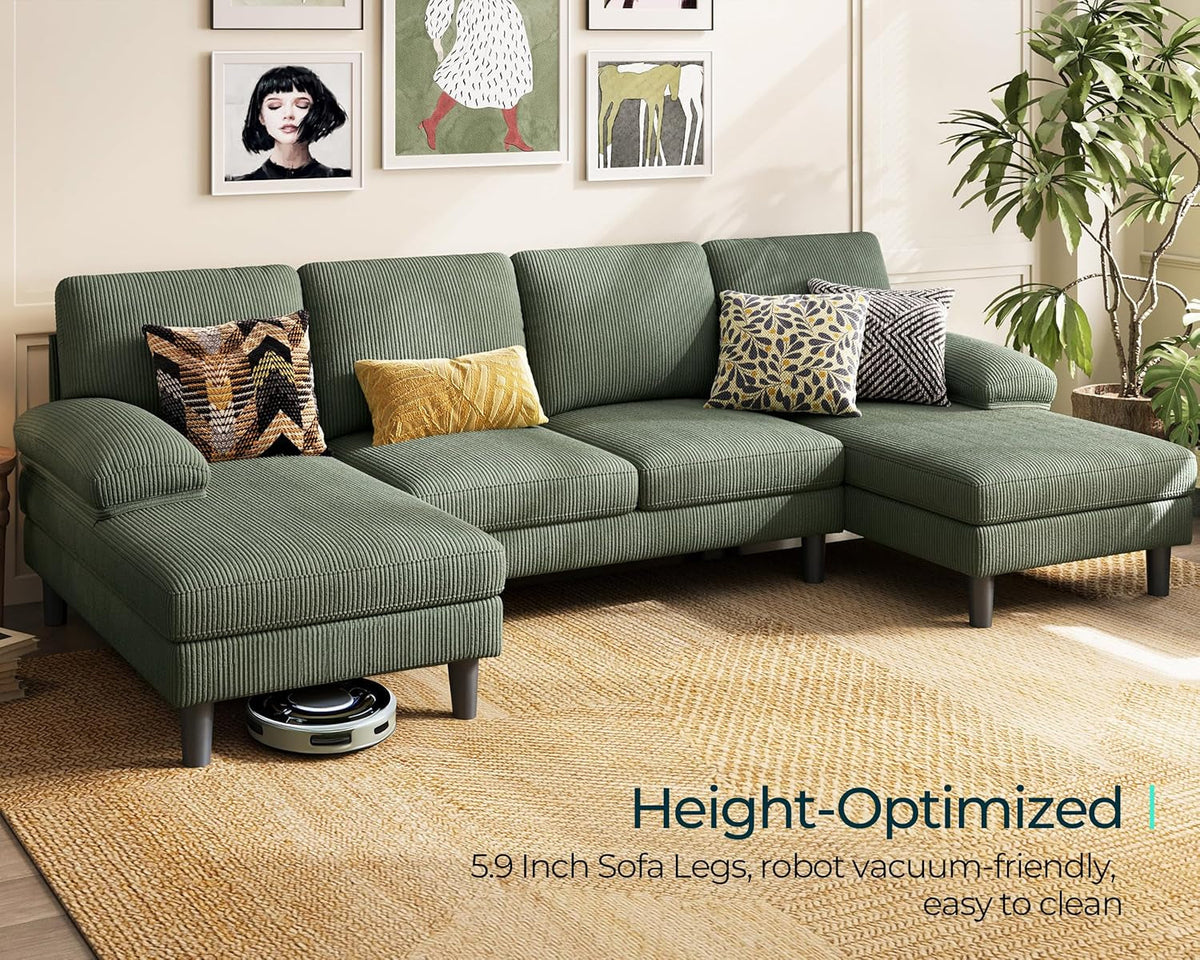 111 Inch Army Green Corduroy U Shaped Sectional Sofa