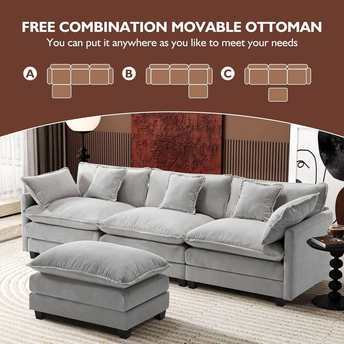 111 Inch L Shaped Modern Glam Sofa Sectional With Ottoman Cloud Foam Cushions Grey Chenille