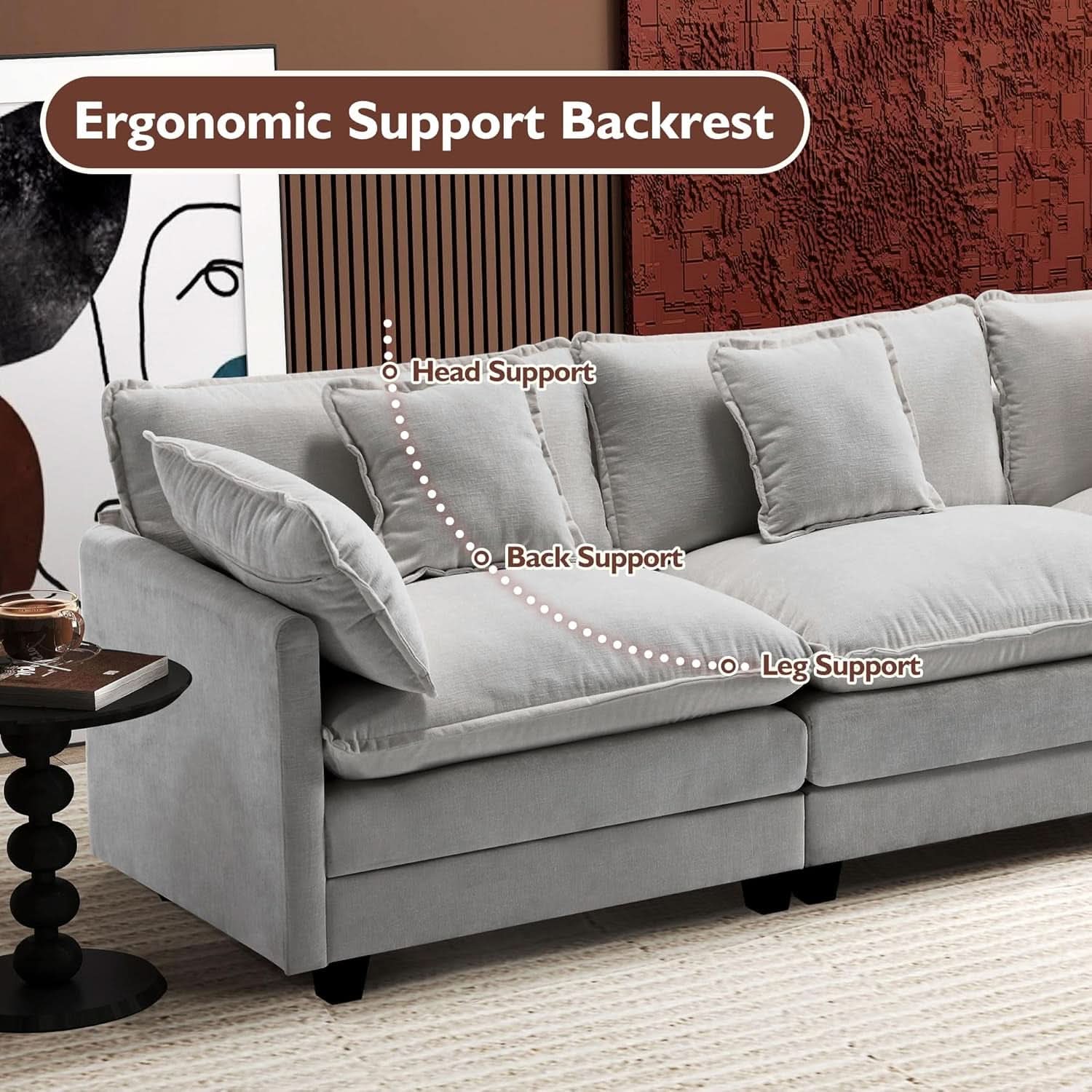 111 Inch L Shaped Modern Glam Sofa Sectional With Ottoman Cloud Foam Cushions Grey Chenille