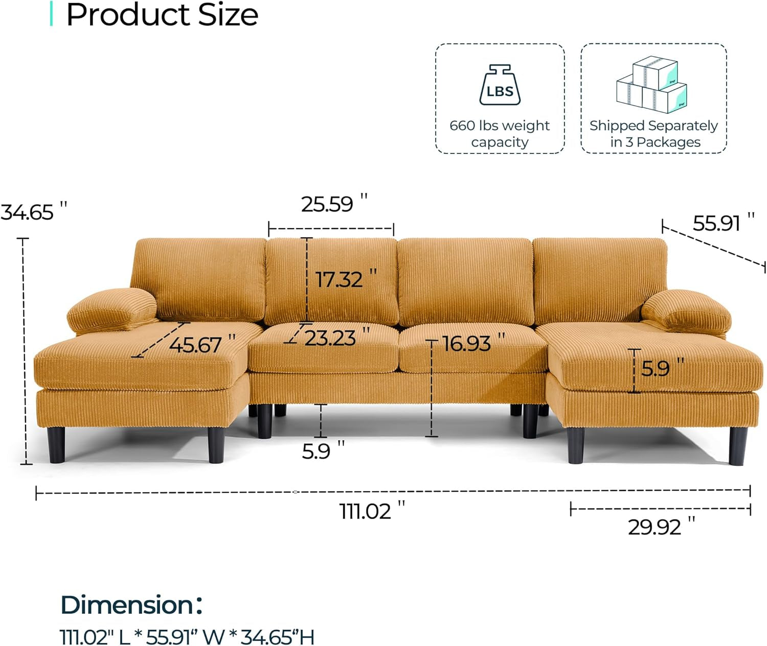 111 Inch Yellow U Shaped Sectional Sofa Sleepable Armrests