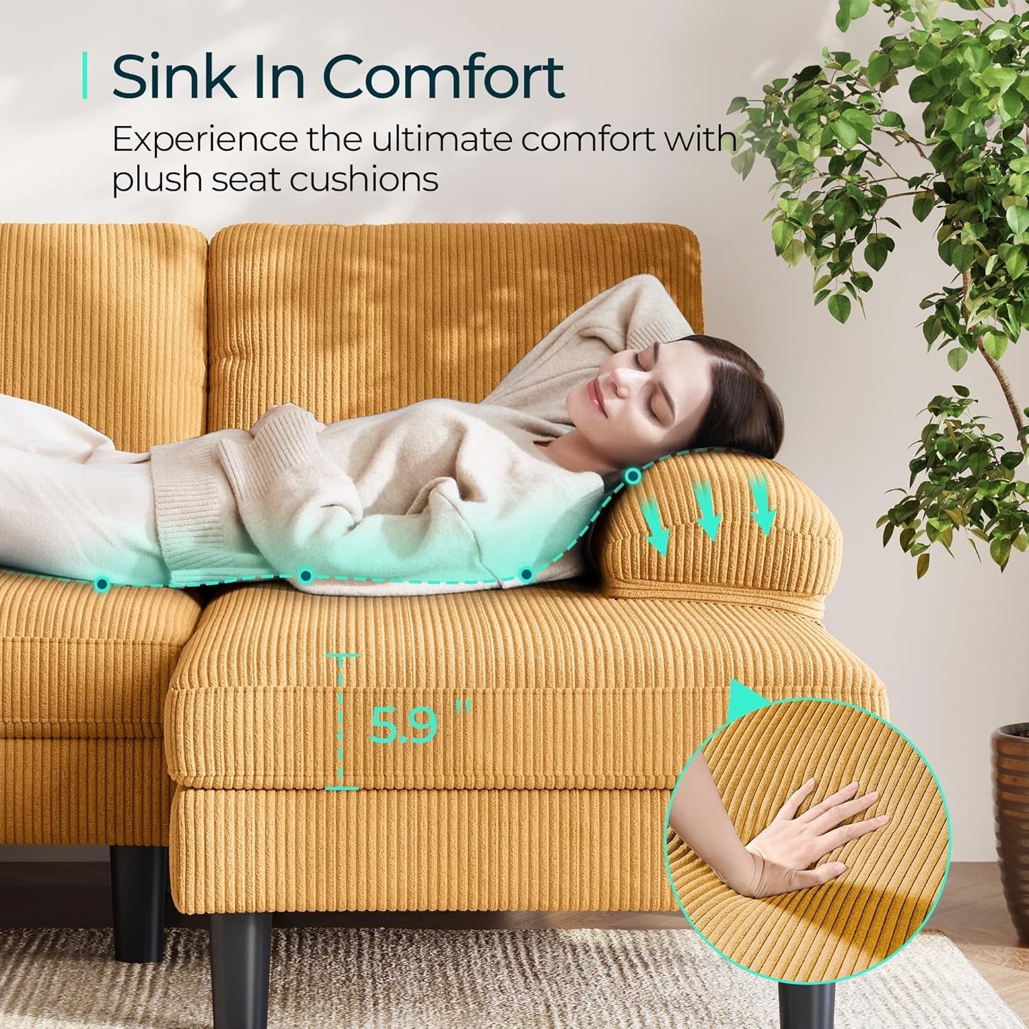 111 Inch Yellow U Shaped Sectional Sofa Sleepable Armrests