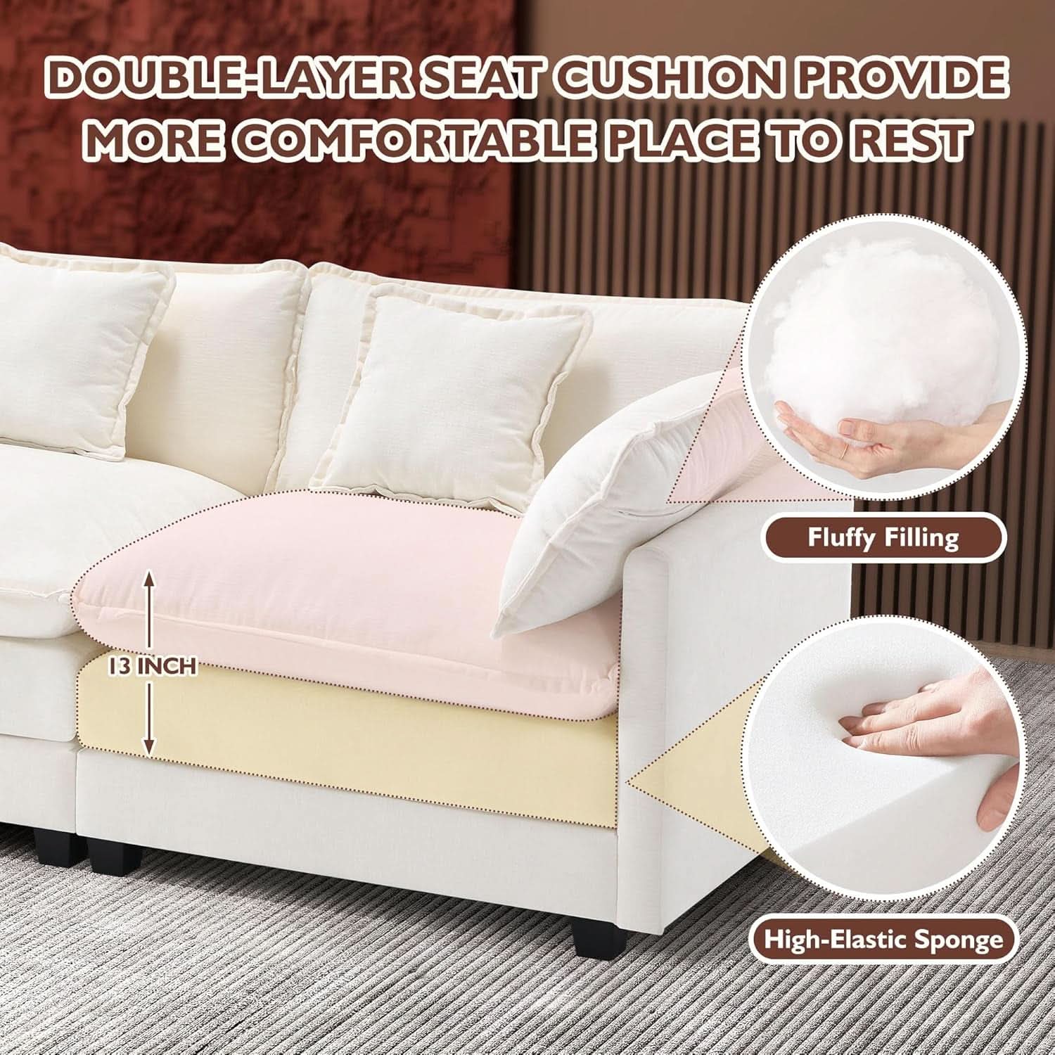 111.4 Inch 3 Seater Cloud Sofa Modular Sectional Couch Beige With Breathable Chenille Fabric