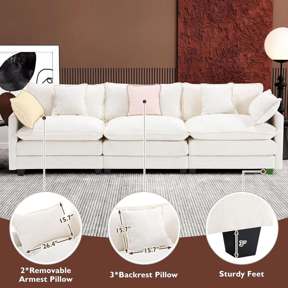 111.4 Inch 3 Seater Cloud Sofa Modular Sectional Couch Beige With Breathable Chenille Fabric