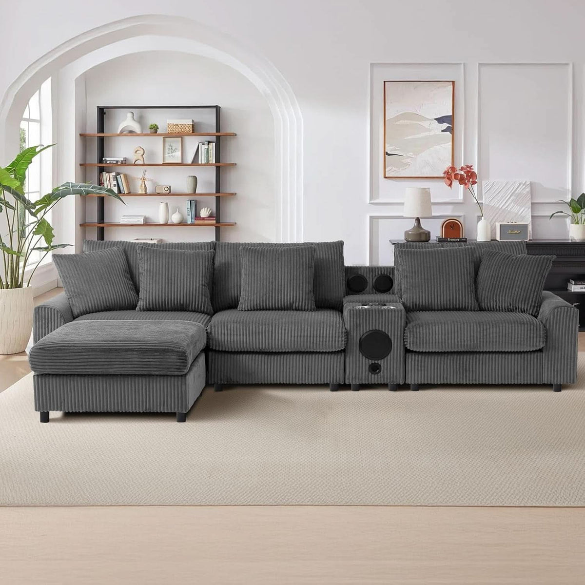114 Inch Corduroy Sectional Couch With Bluetooth Speakers