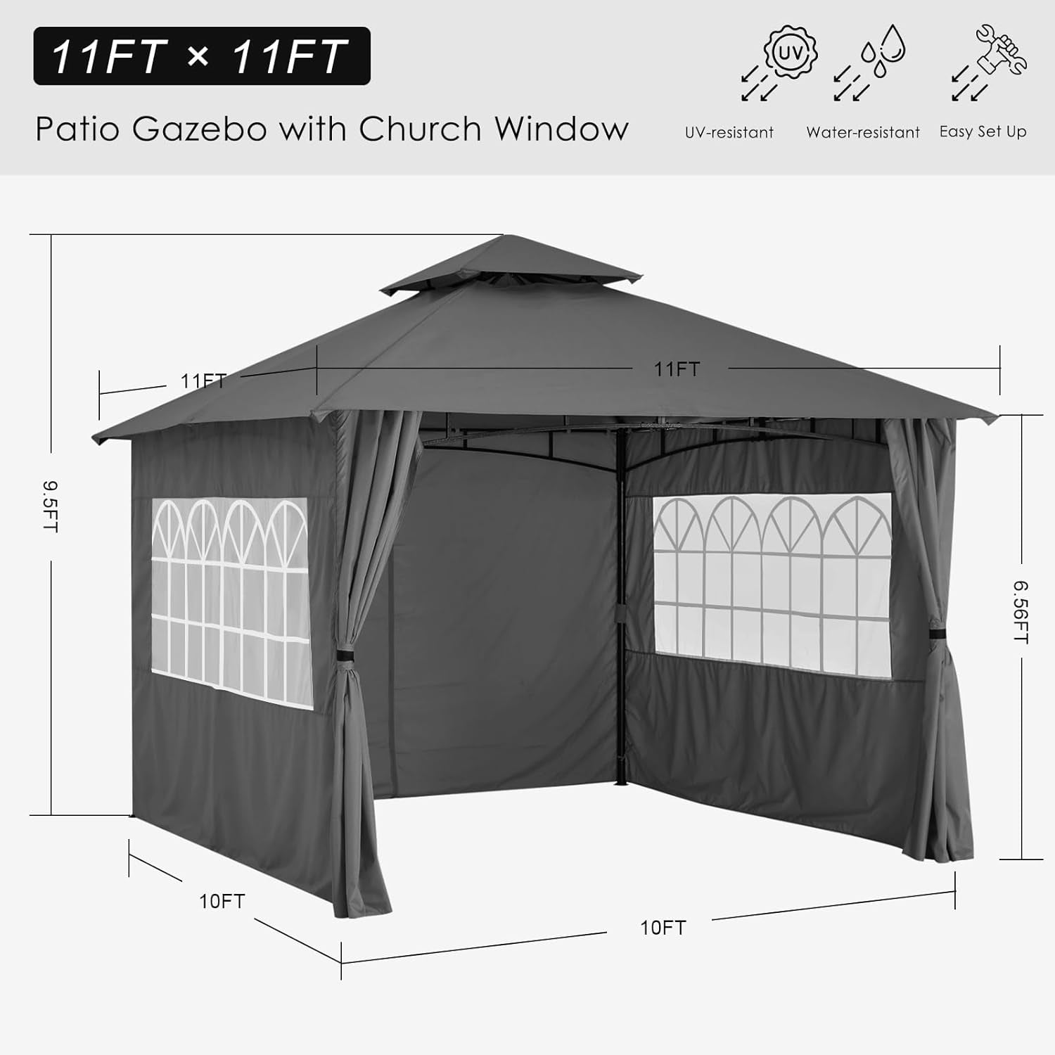 11x11 Dark Gray Steel Frame Patio Gazebo Curtains Included