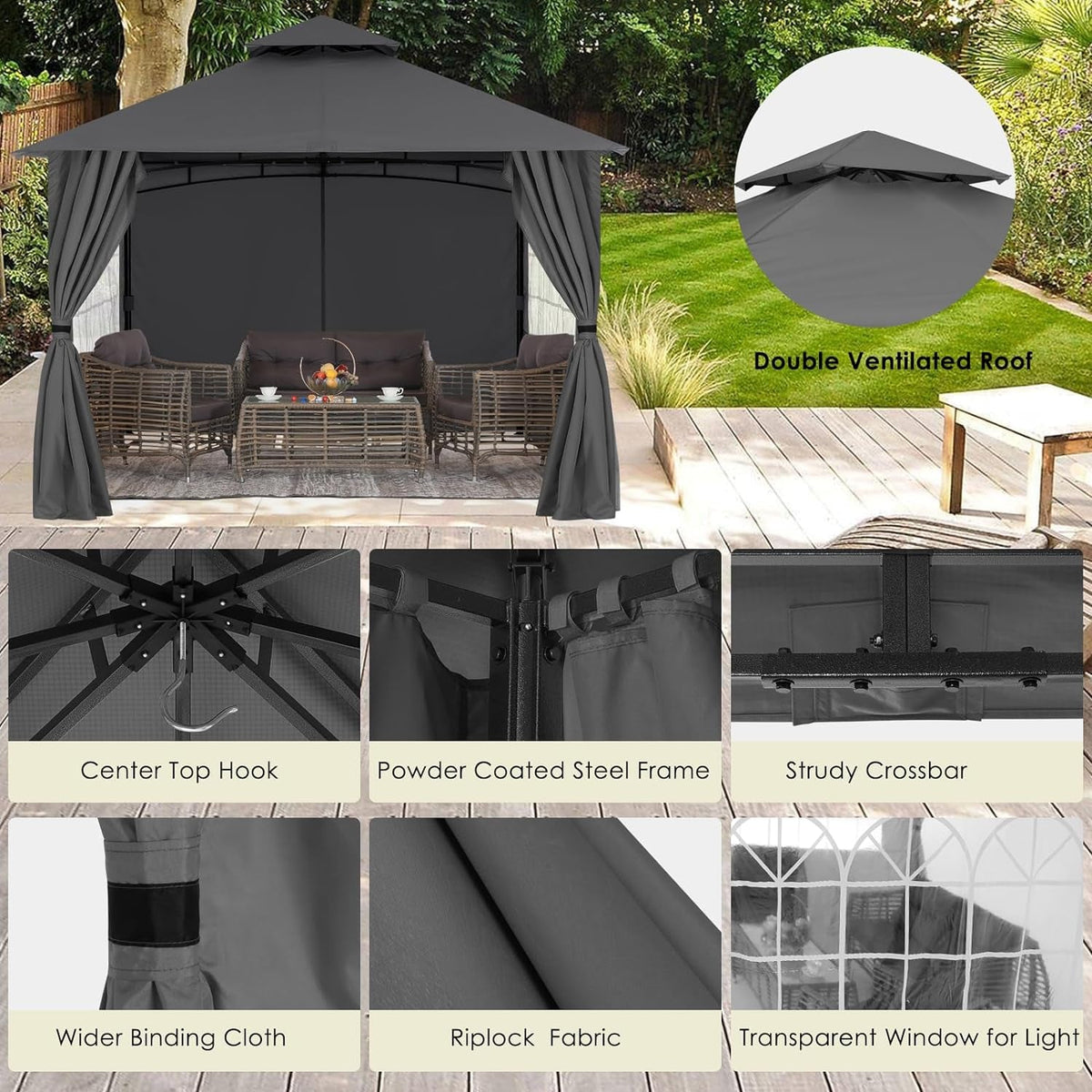11x11 Dark Gray Steel Frame Patio Gazebo Curtains Included