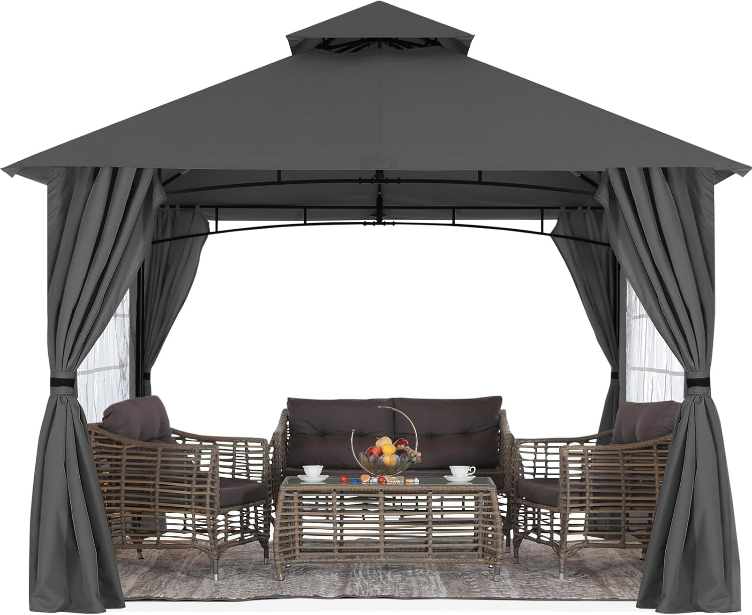 11x11 Dark Gray Steel Frame Patio Gazebo Curtains Included