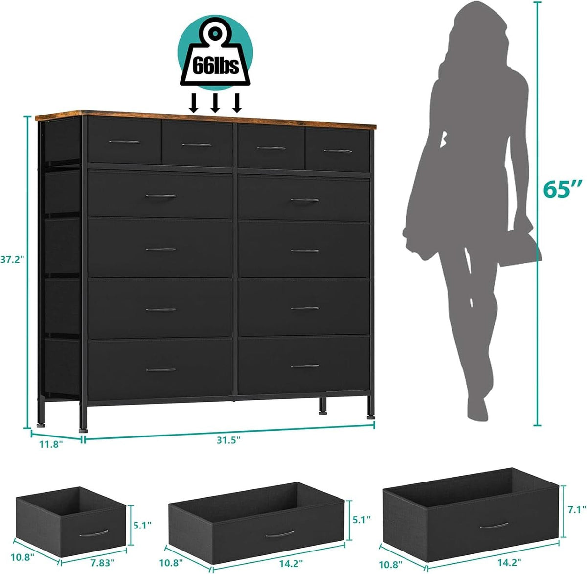 12 Drawer Dresser With Fabric Drawers For Bedroom And Closet Storage