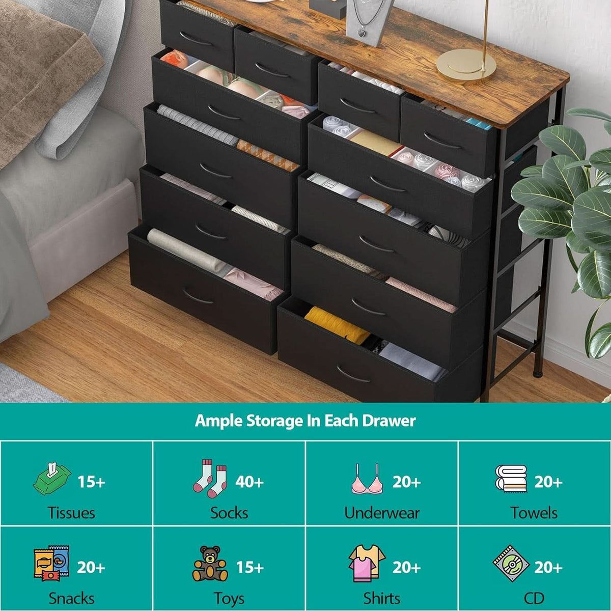 12 Drawer Dresser With Fabric Drawers For Bedroom And Closet Storage