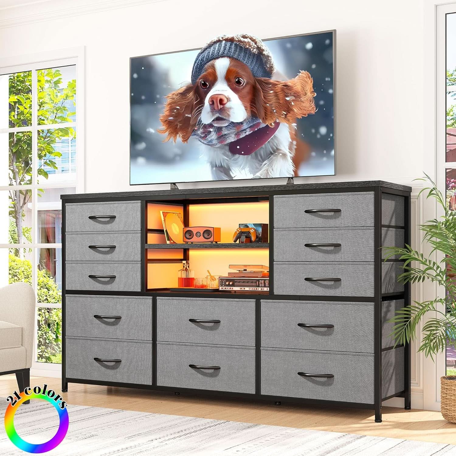 12 Drawer Long Dresser With LED Lights And Built In Power Outlet For Bedroom Storage