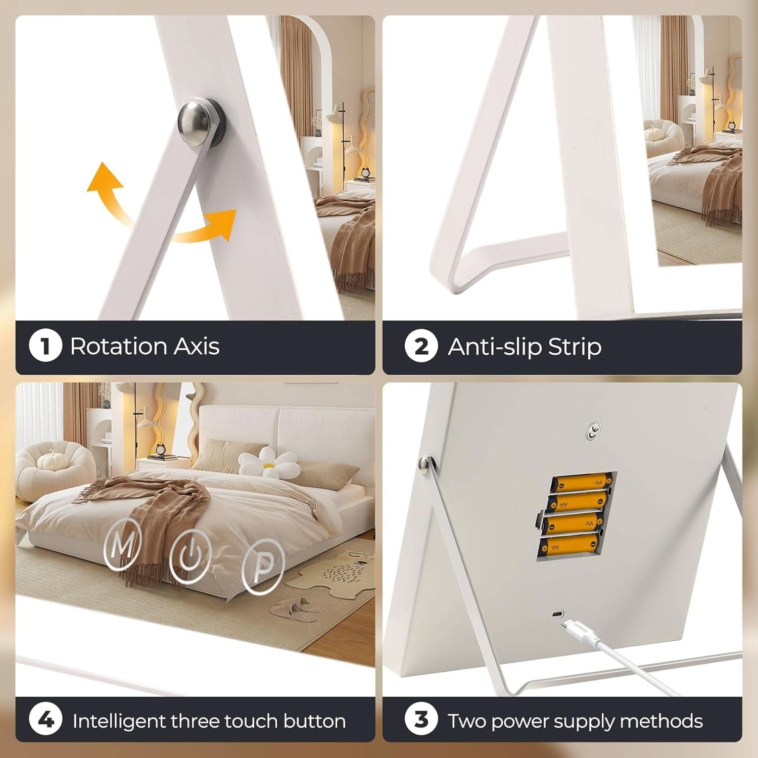 12 Inch Lighted Vanity Mirror Portable 3 Color Modes White