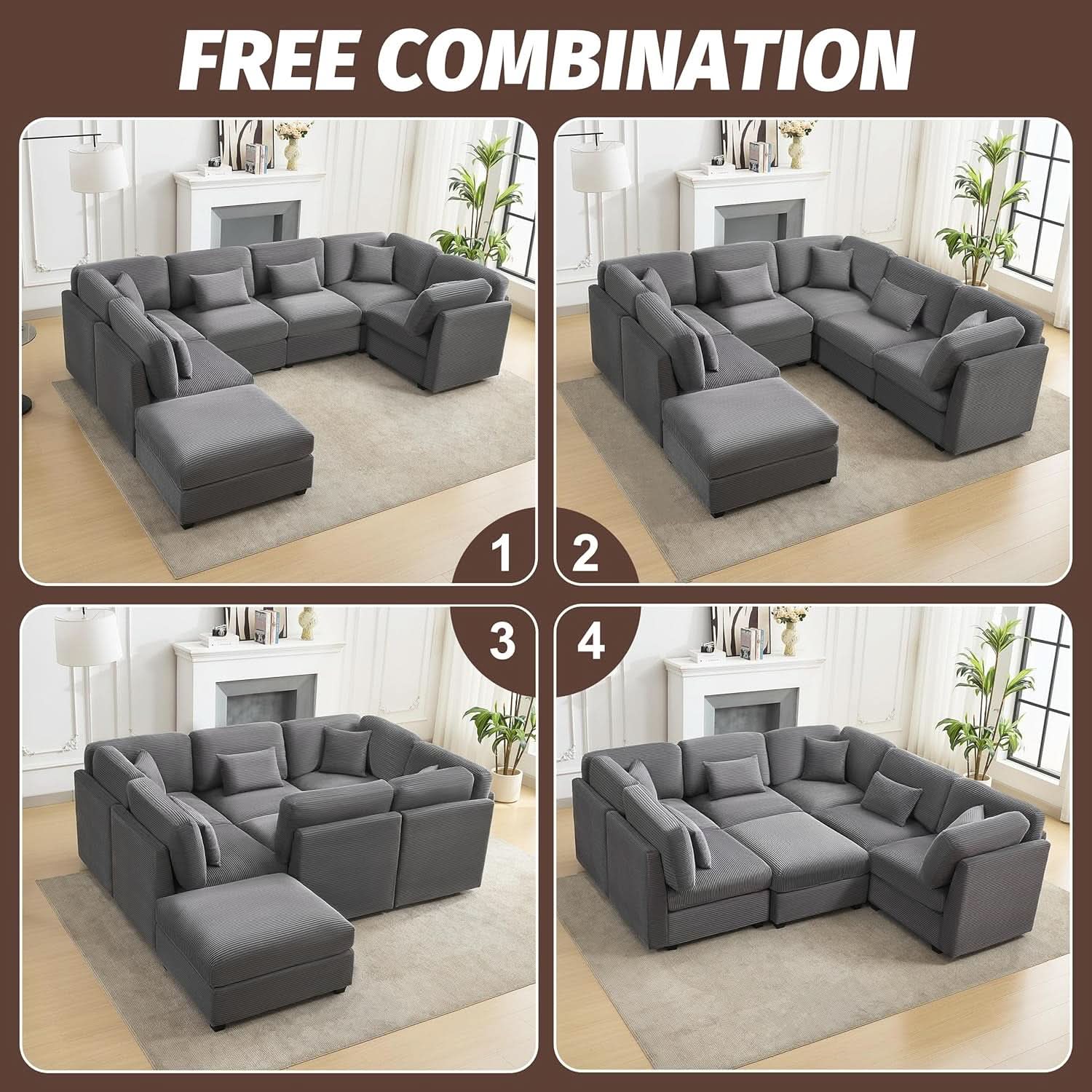 125Inch Oversized Corduroy Cloud Sleeper Grey Sofa
