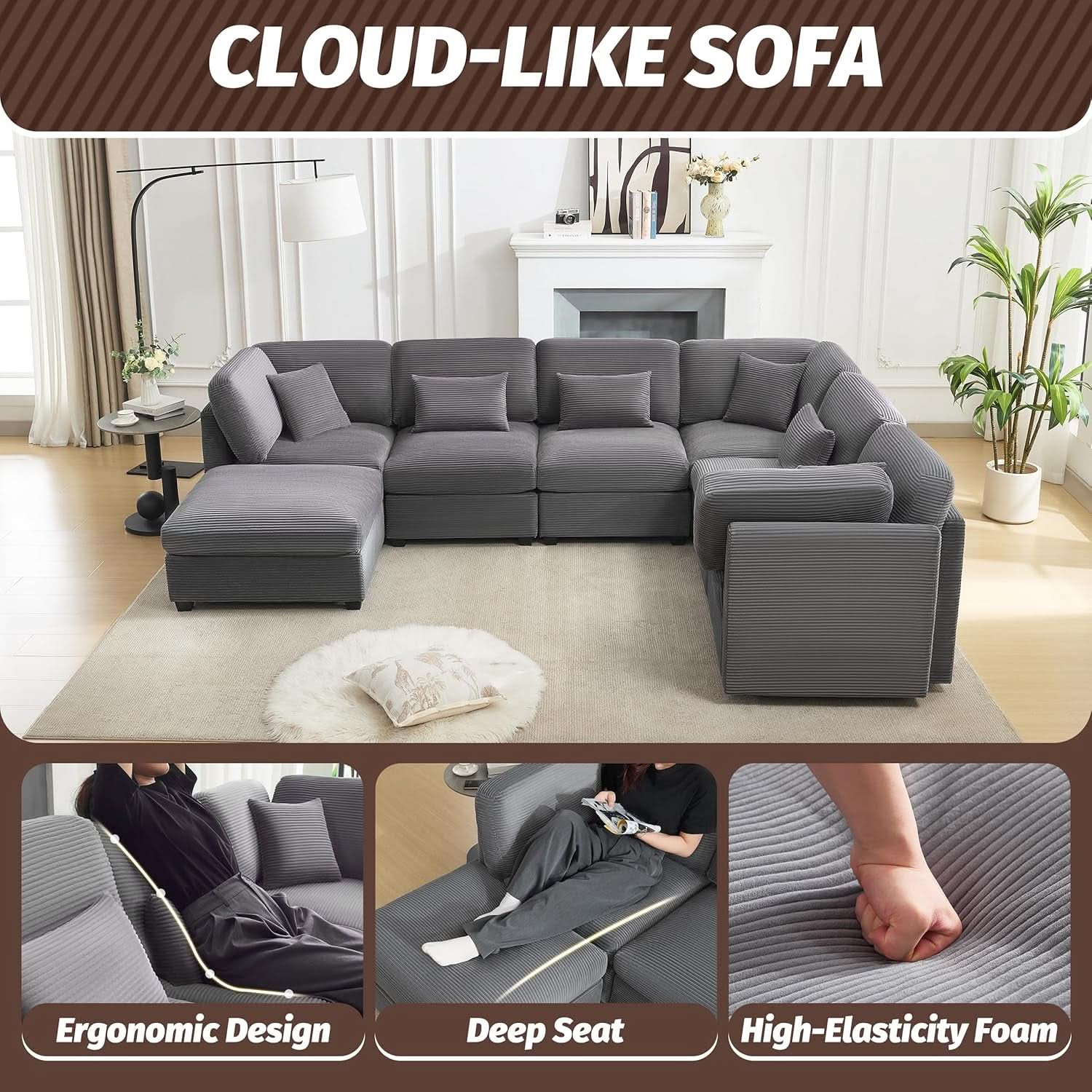 125Inch Oversized Corduroy Cloud Sleeper Grey Sofa