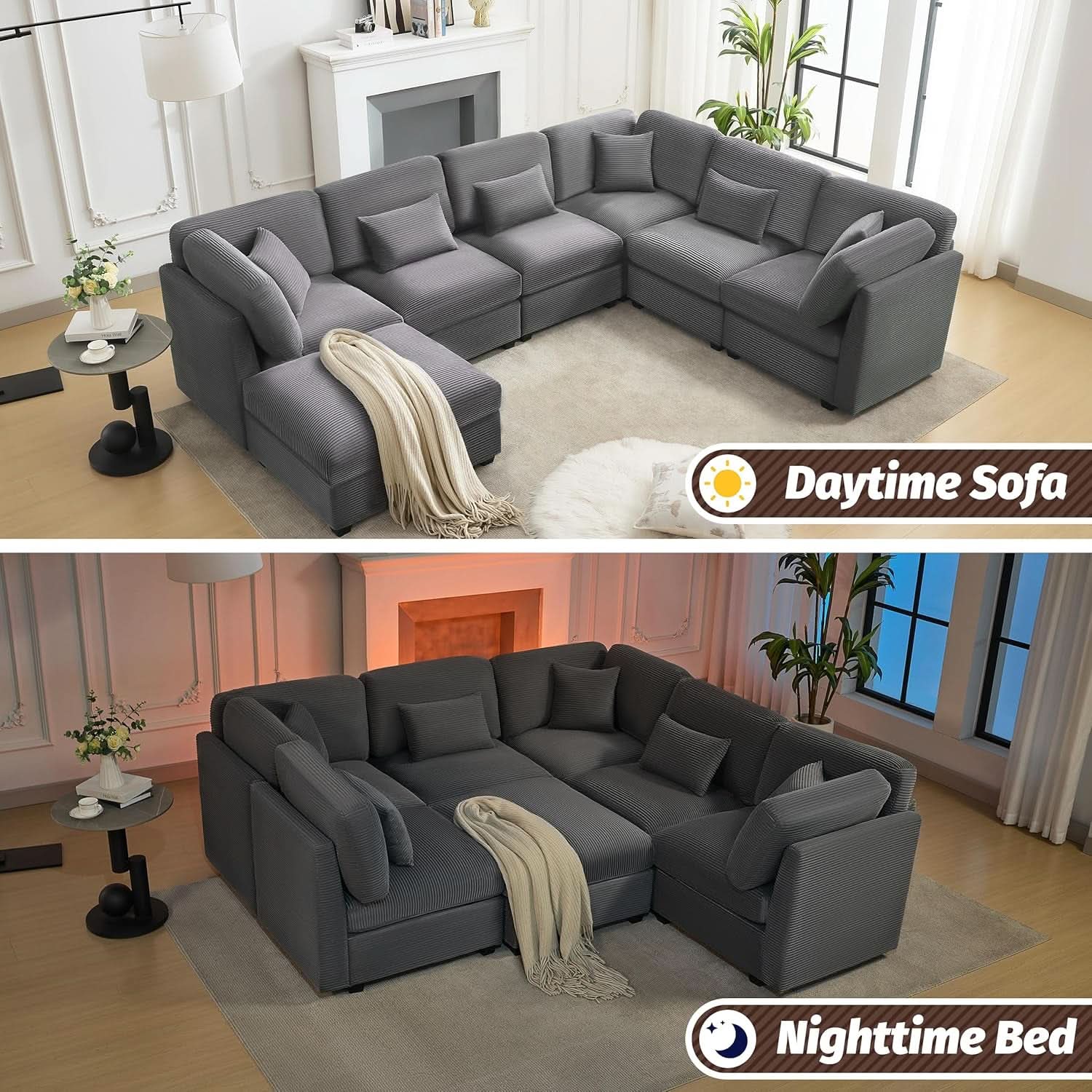 125Inch Oversized Corduroy Cloud Sleeper Grey Sofa