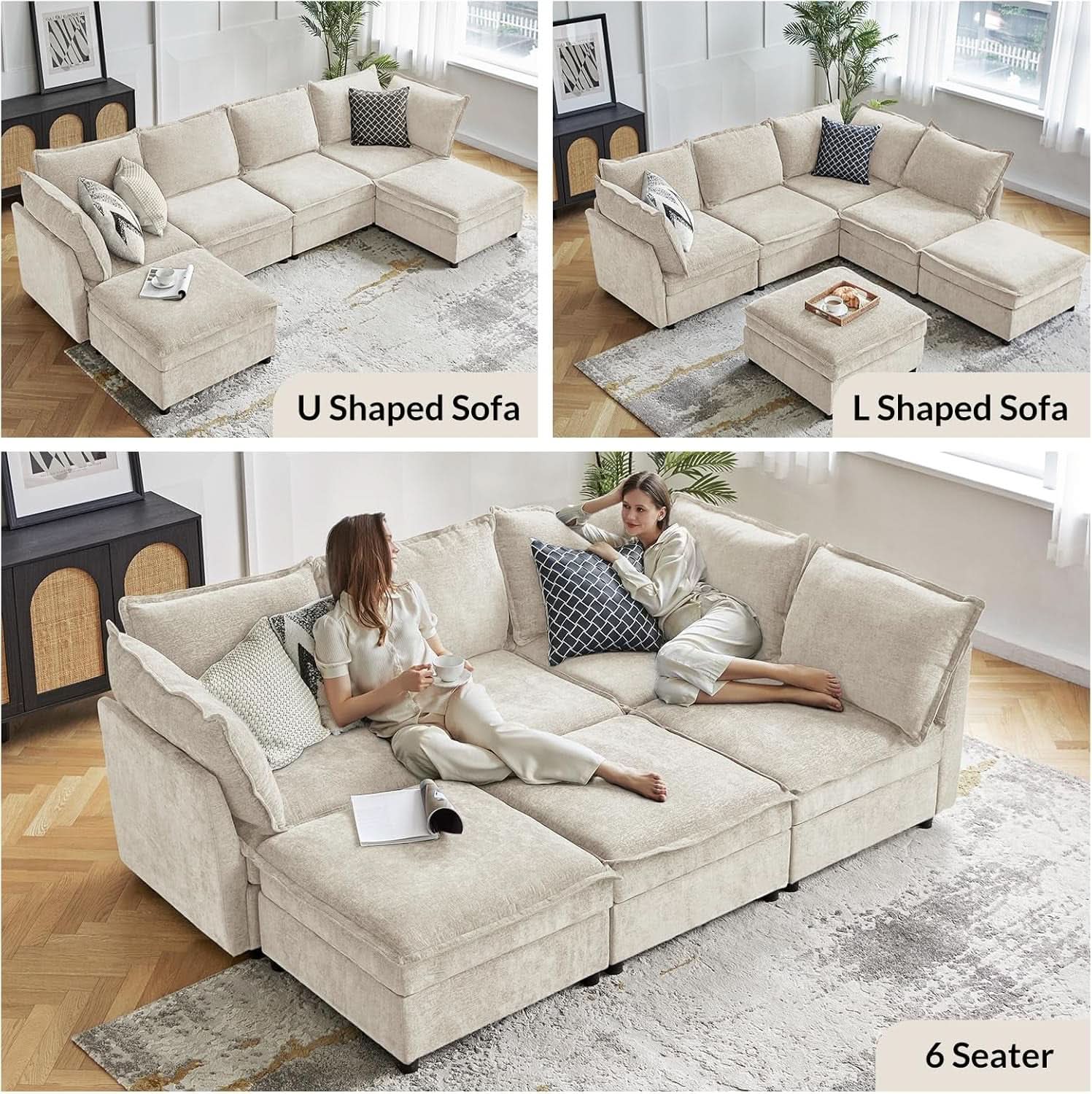 127 Inch Modular Sectional Sofa Beige with Storage Ottoman