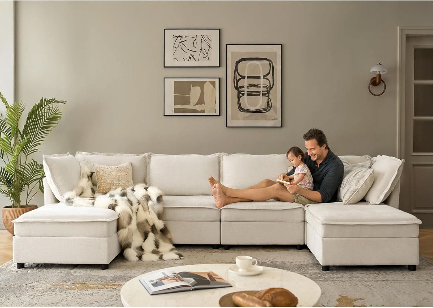127 Inch Modular Sectional Sofa Beige with Storage Ottoman