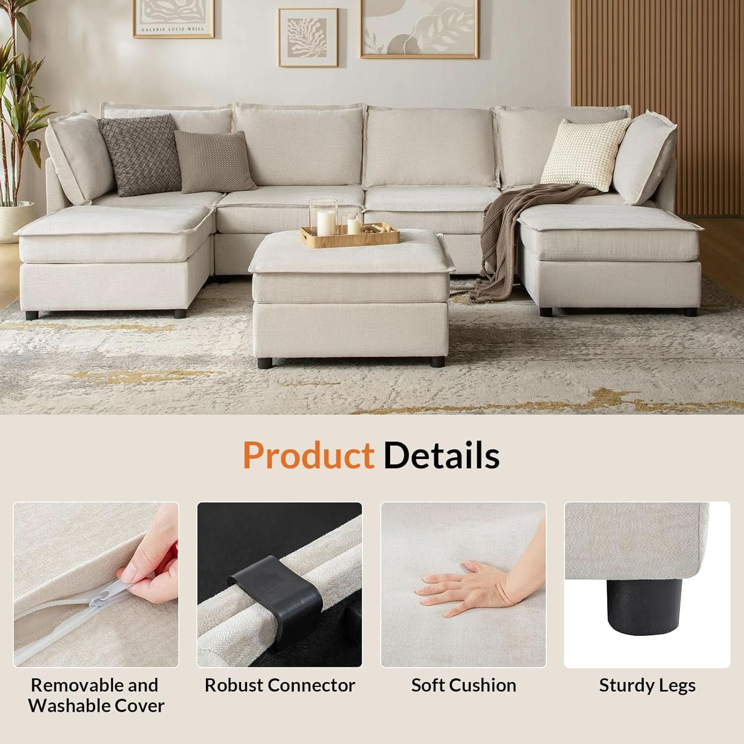 127 Inch Modular Sectional Sofa Beige with Storage Ottoman