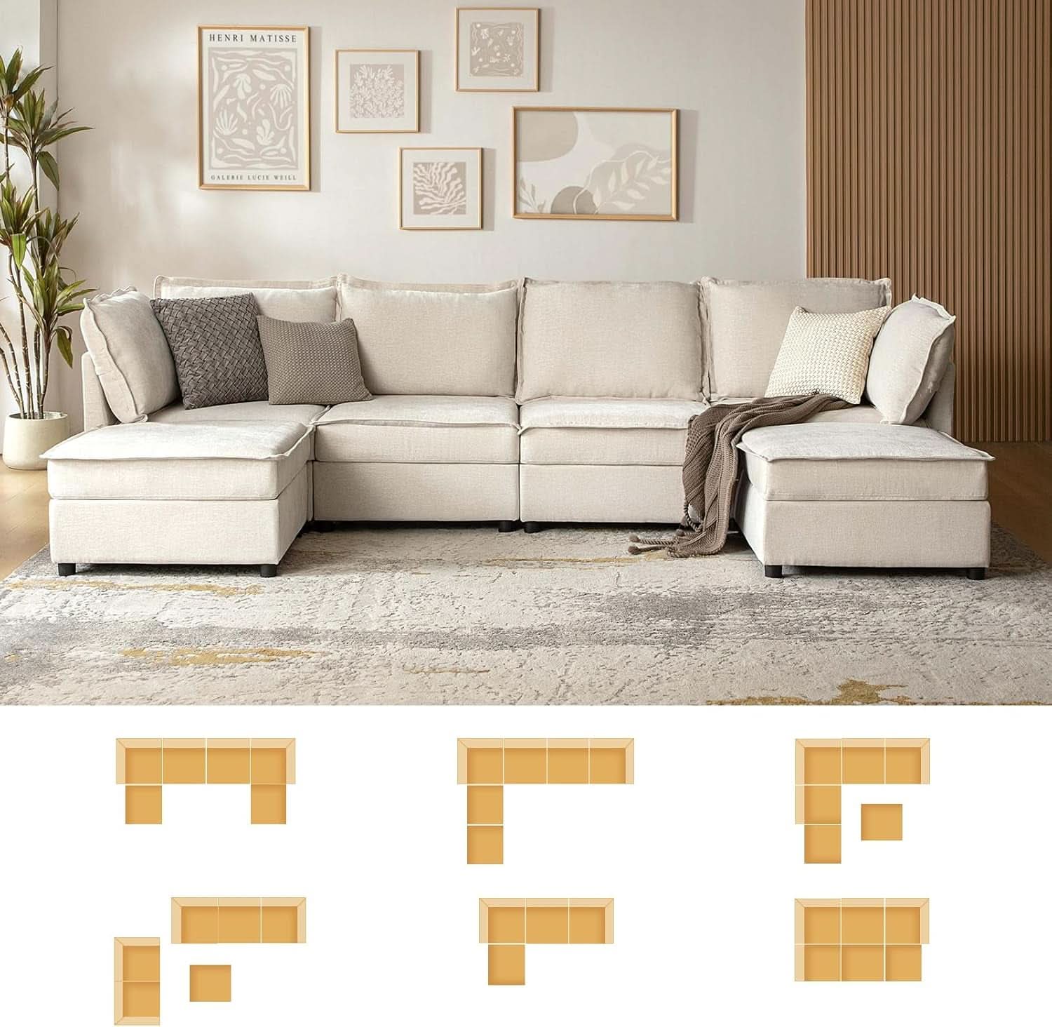 127 Inch Modular Sectional Sofa Beige with Storage Ottoman