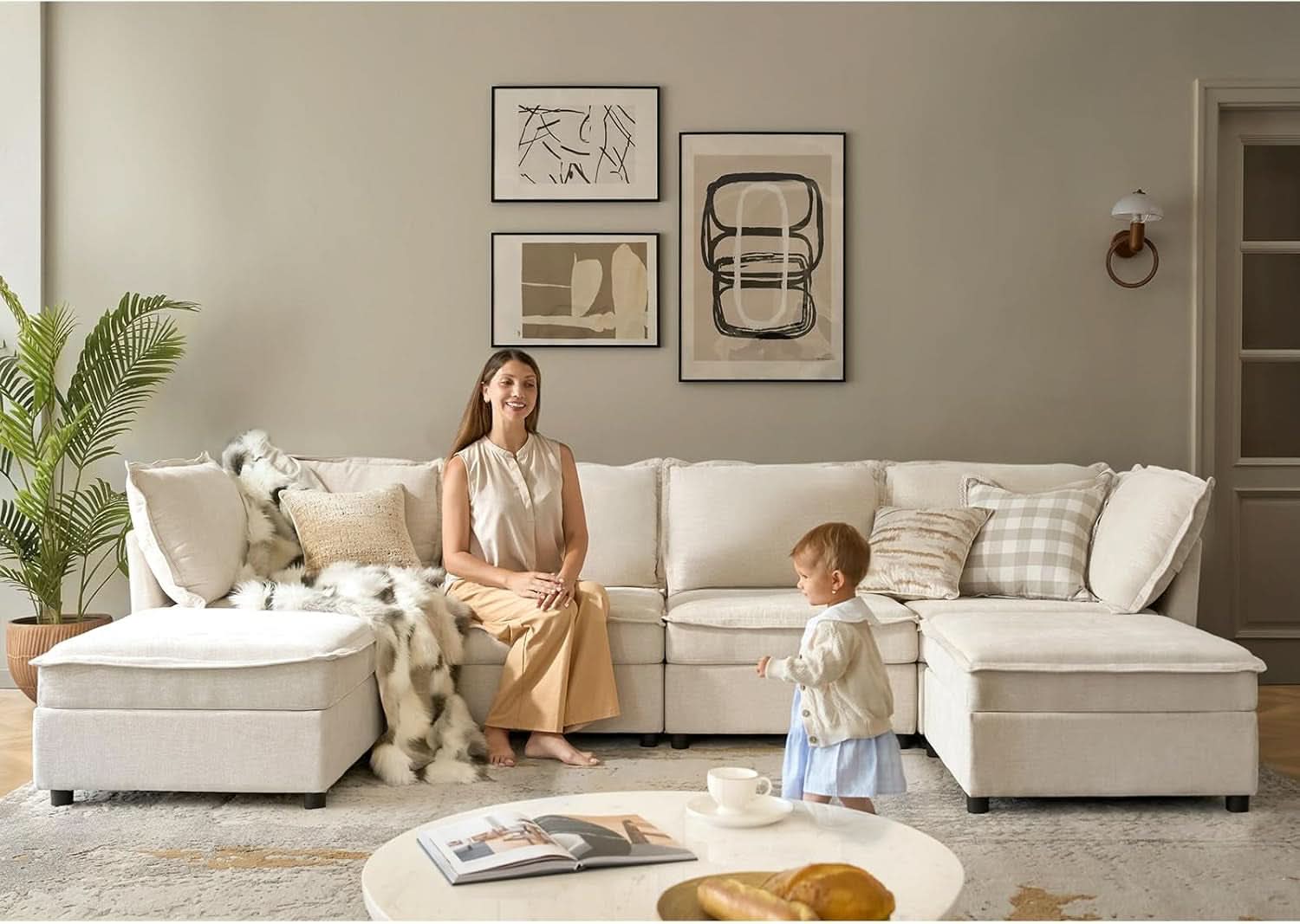 127 Inch Modular Sectional Sofa Beige with Storage Ottoman