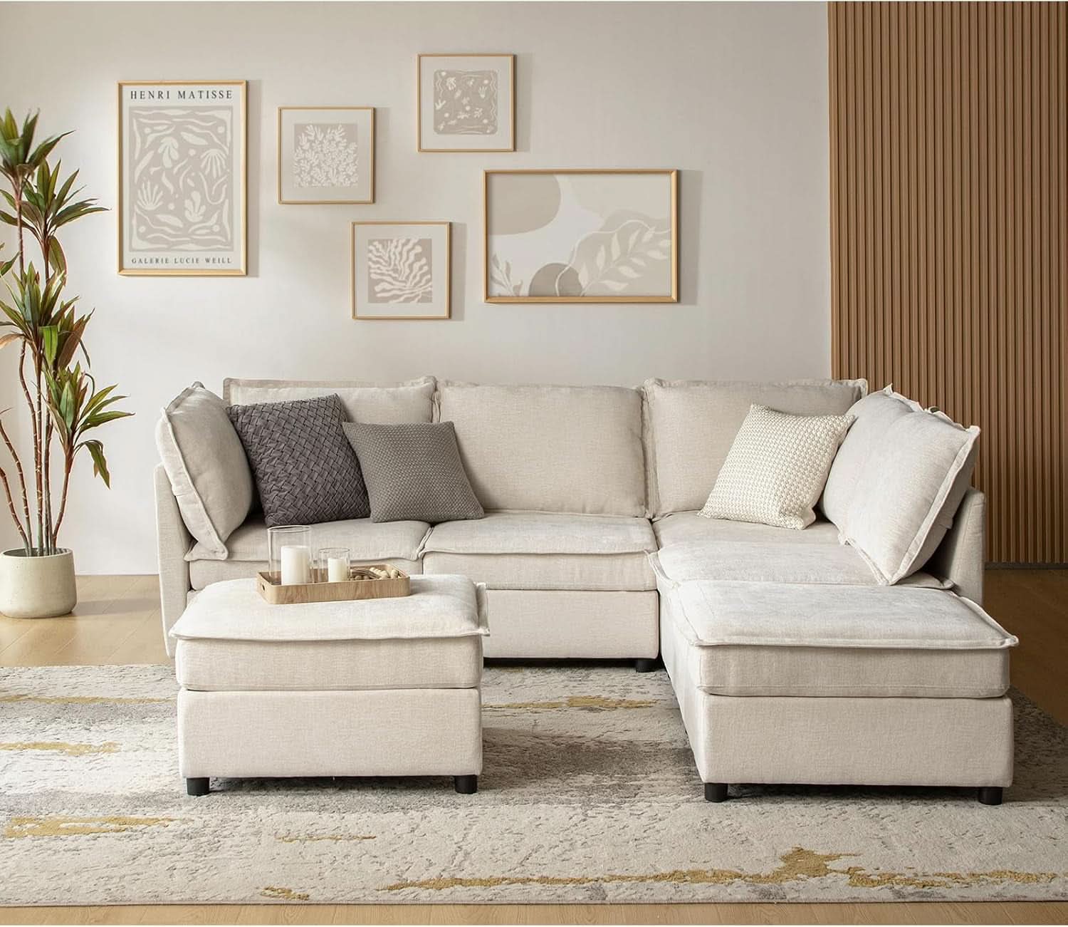 127 Inch Modular Sectional Sofa Beige with Storage Ottoman