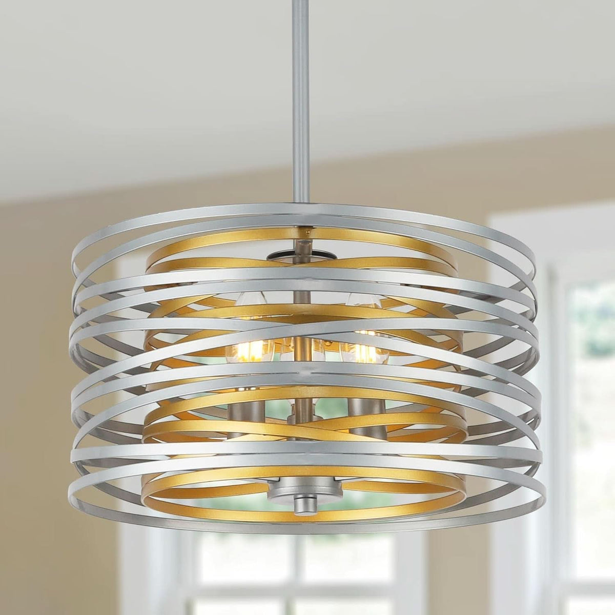 12.6-Inch Silver Drum Pendant Chandelier with Gold Interior Design