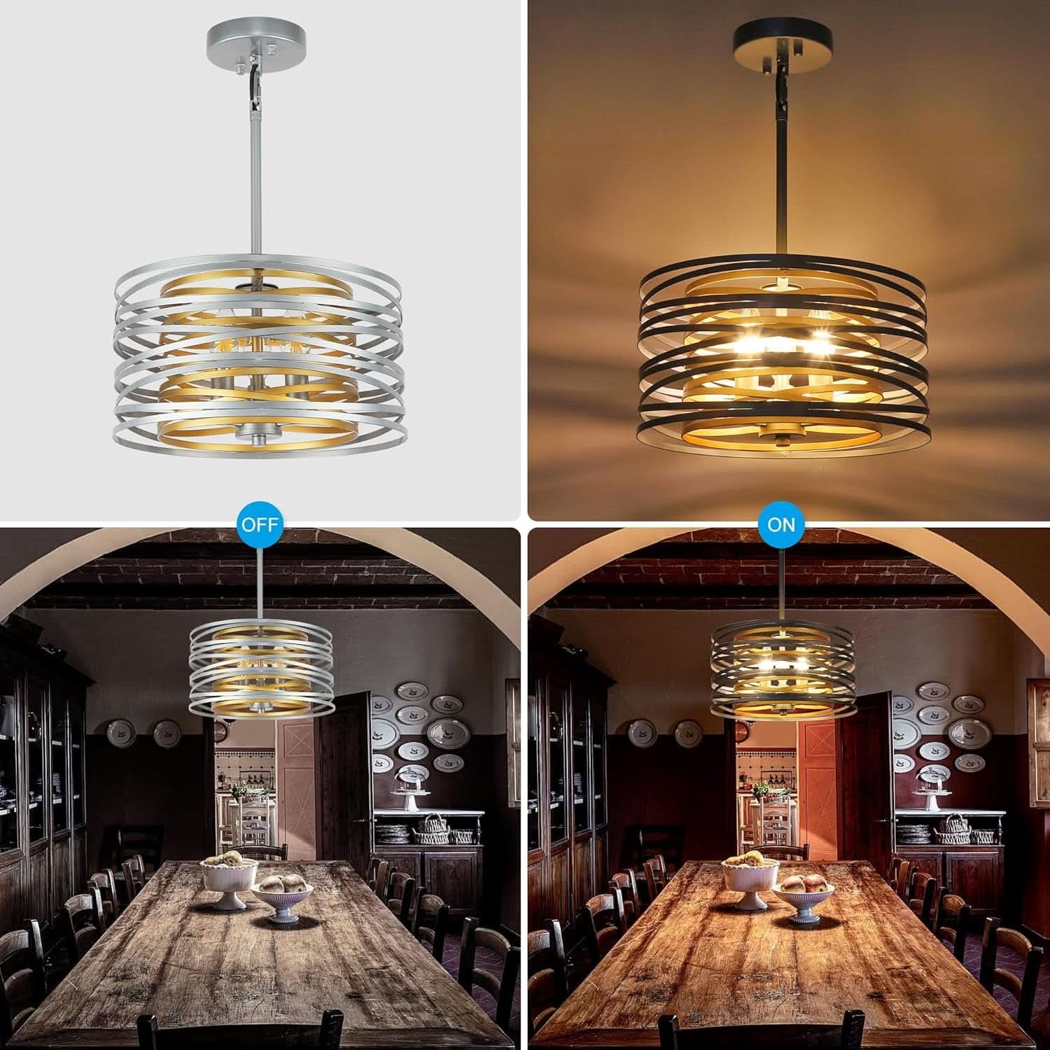12.6-Inch Silver Drum Pendant Chandelier with Gold Interior Design