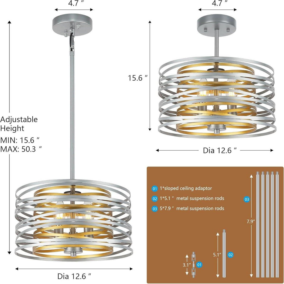 12.6-Inch Silver Drum Pendant Chandelier with Gold Interior Design