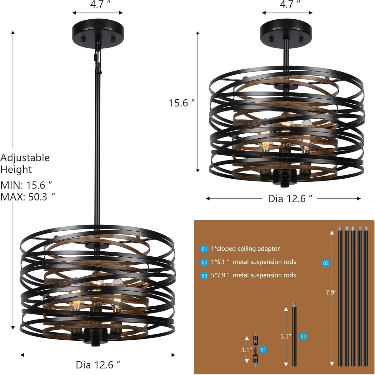12.6 Rustic Farmhouse Three Light Drum Chandelier Black