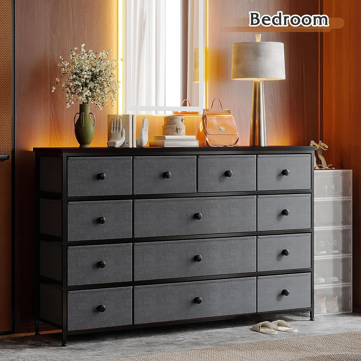13 Drawer Dresser In Dark Grey For Bedroom Storage