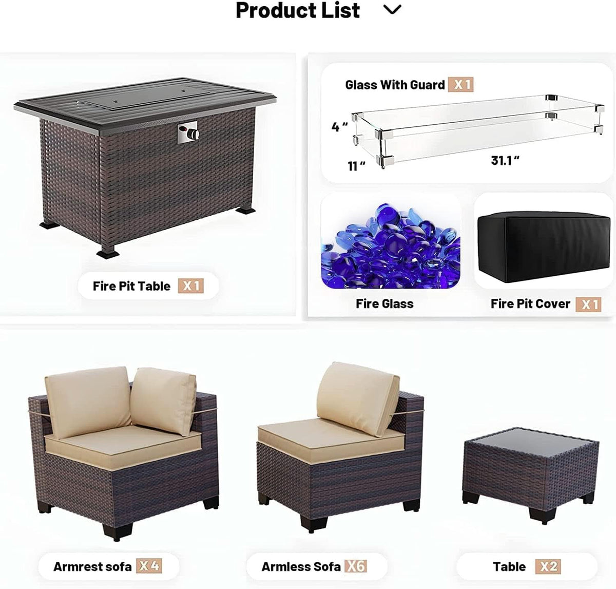13 Piece Outdoor Patio Furniture Set with Fire Pit