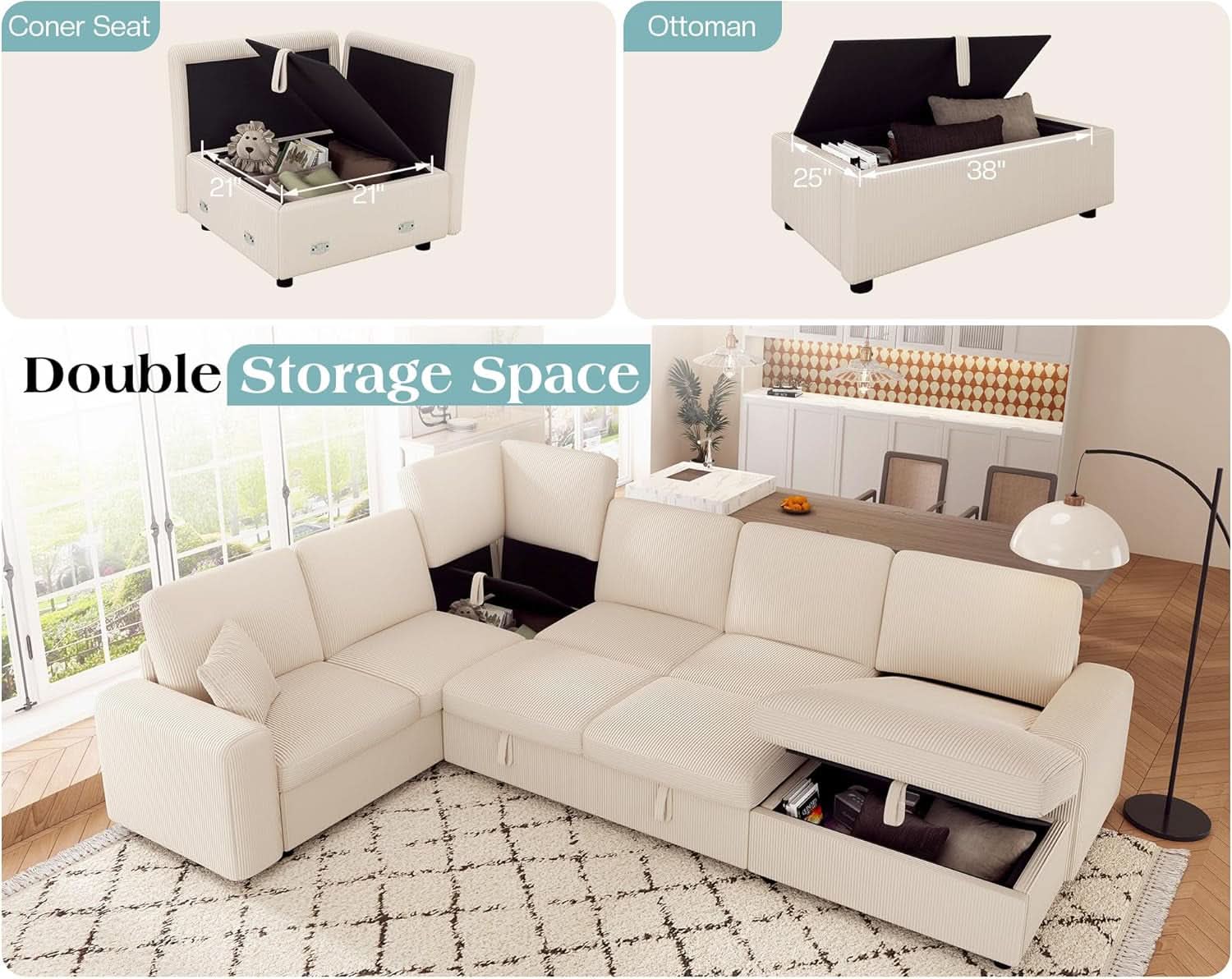 130 Inch Beige Corduroy Sectional Sofa Bed Storage Compartment