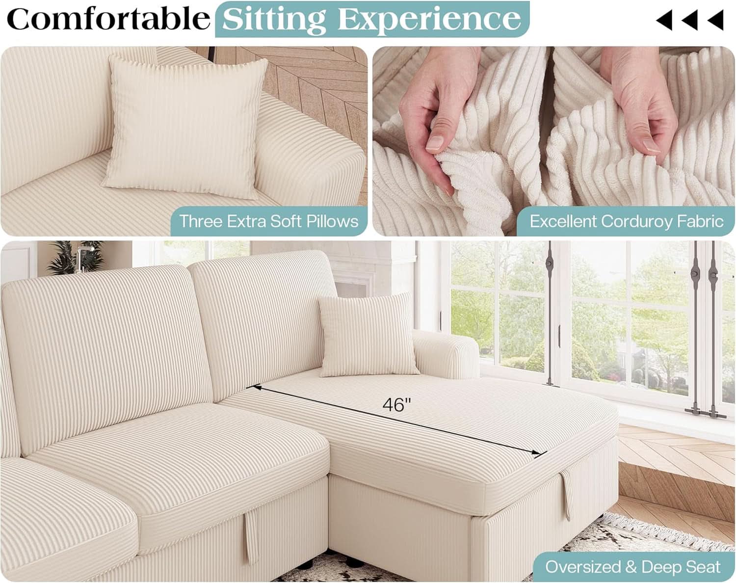 130 Inch Beige Corduroy Sectional Sofa Bed Storage Compartment