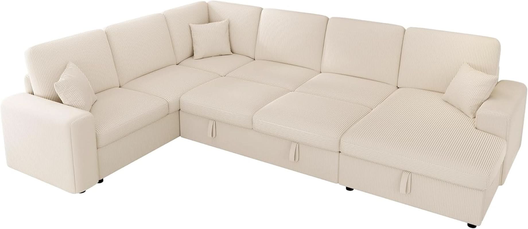 130 Inch Beige Corduroy Sectional Sofa Bed Storage Compartment